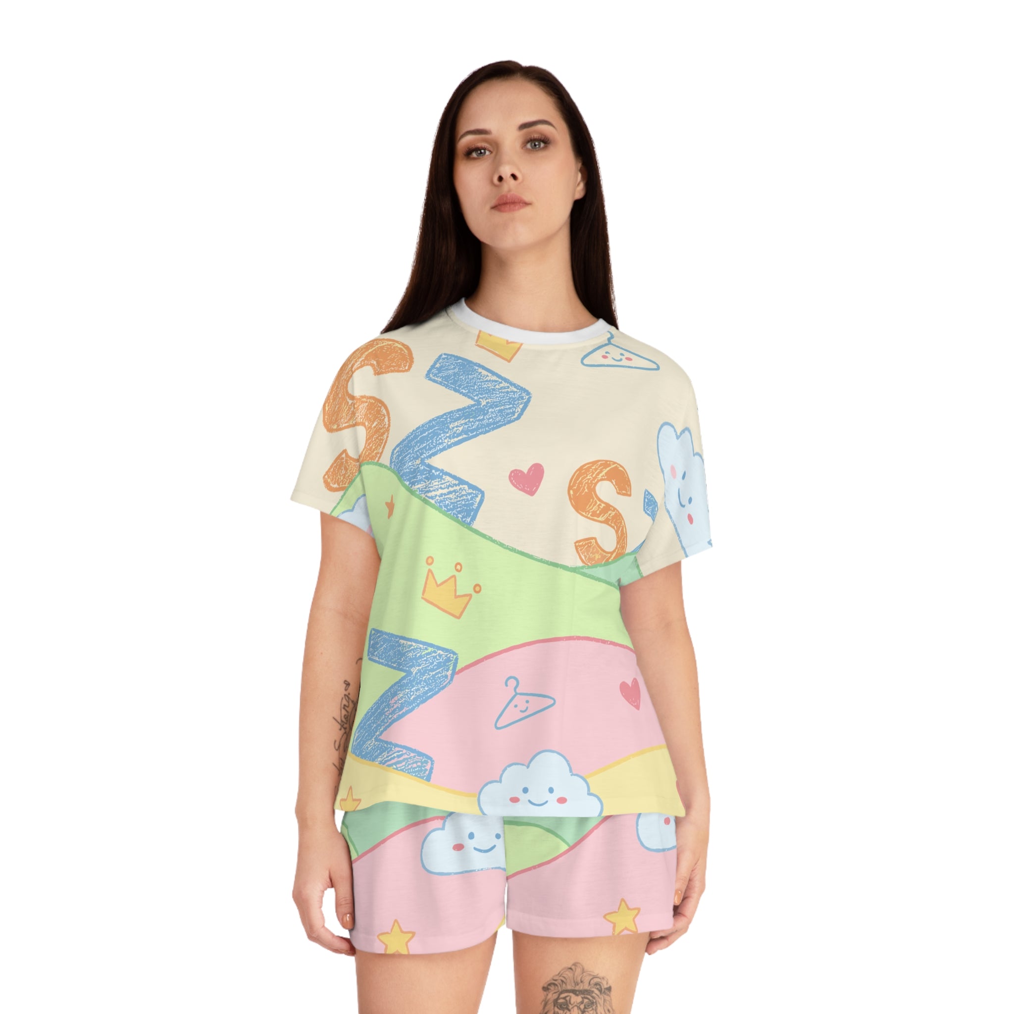 Cute 'S Z' Cloud Pattern Women's Short Pajama Set — Pastel Kawaii Sleepwear