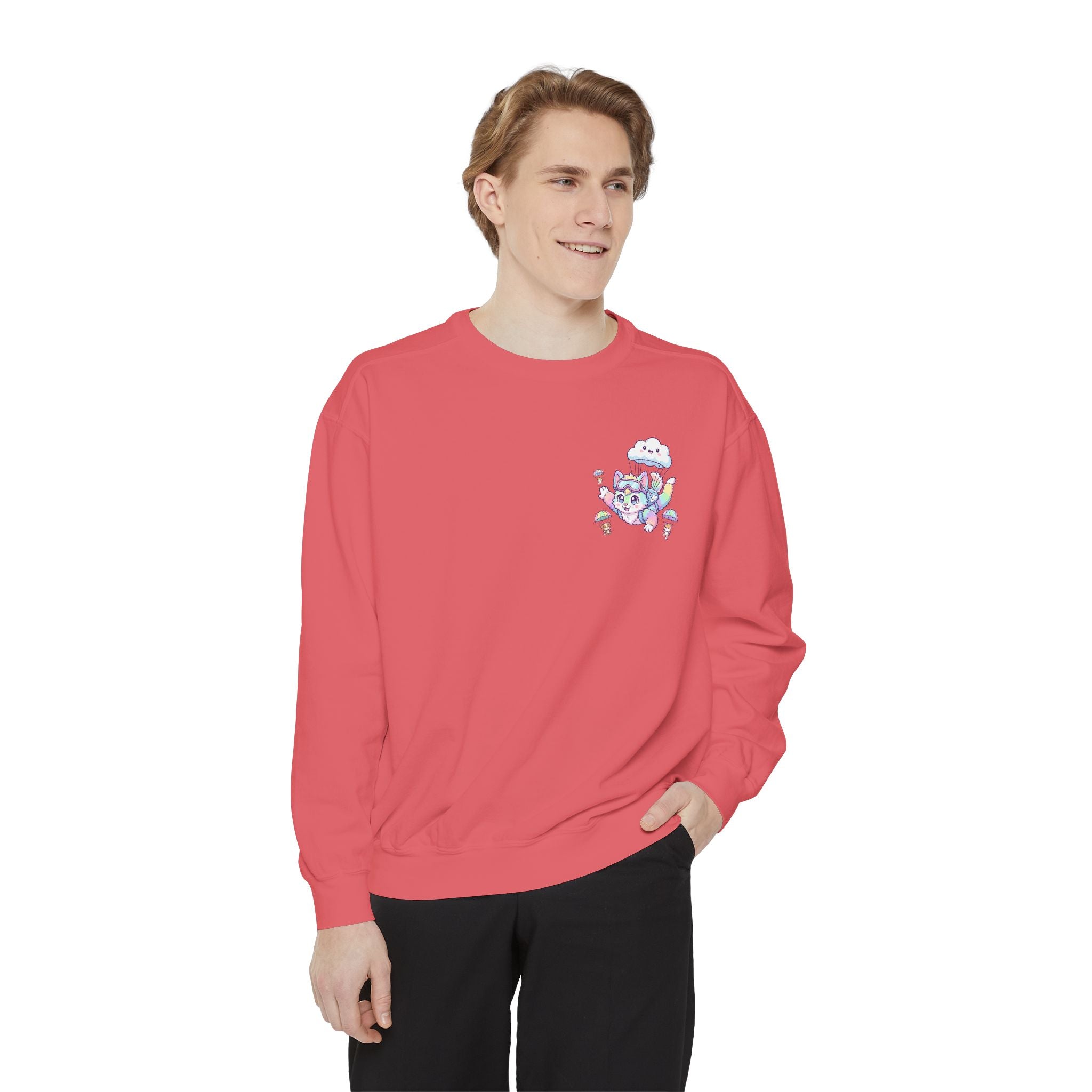 Cute Retro Rainbow Skydiving Furry Sweatshirt | Pocket Graphic T-Shirt