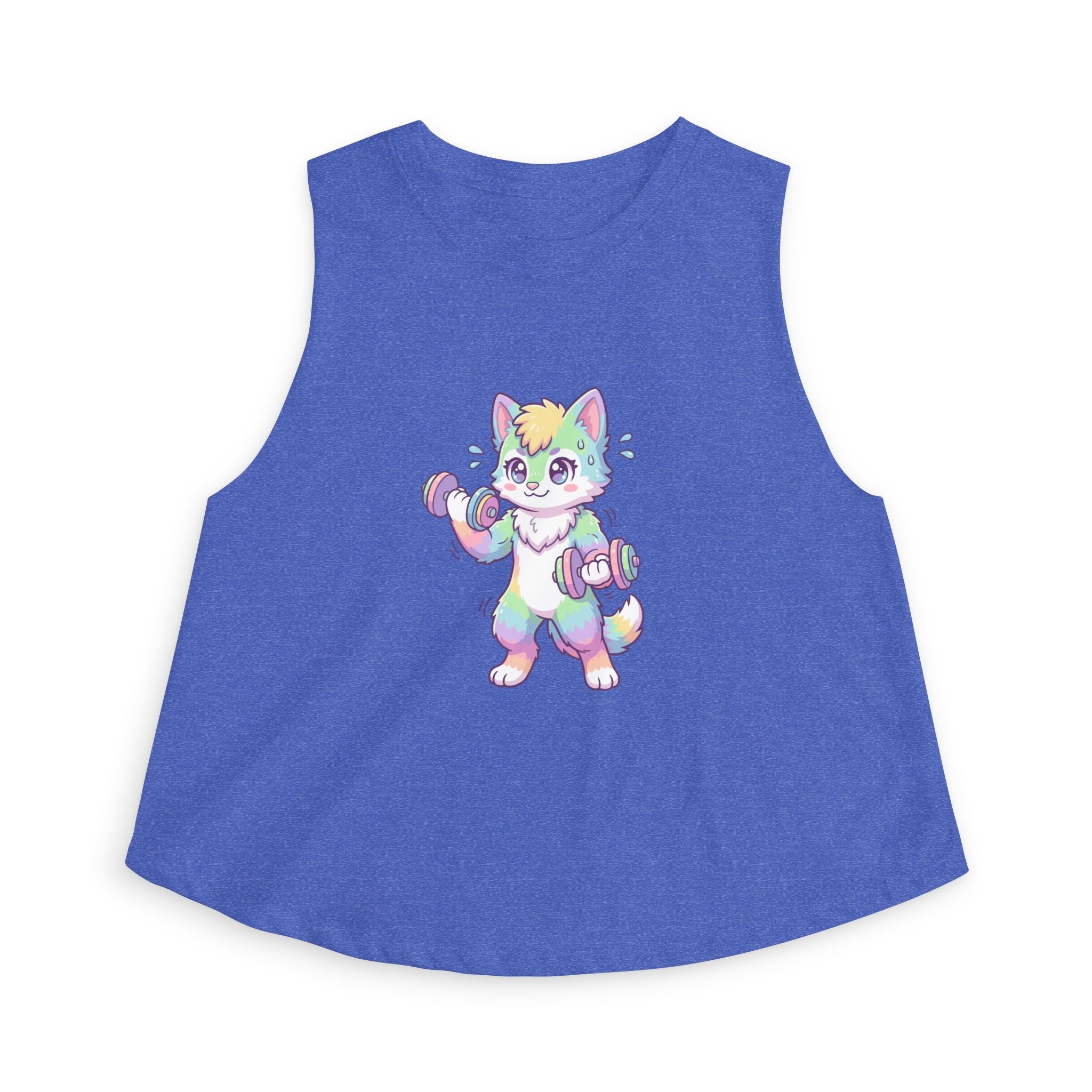 Lift Cute Pastel Fitness Cat Crop Top — Rainbow Kitty with Dumbbells