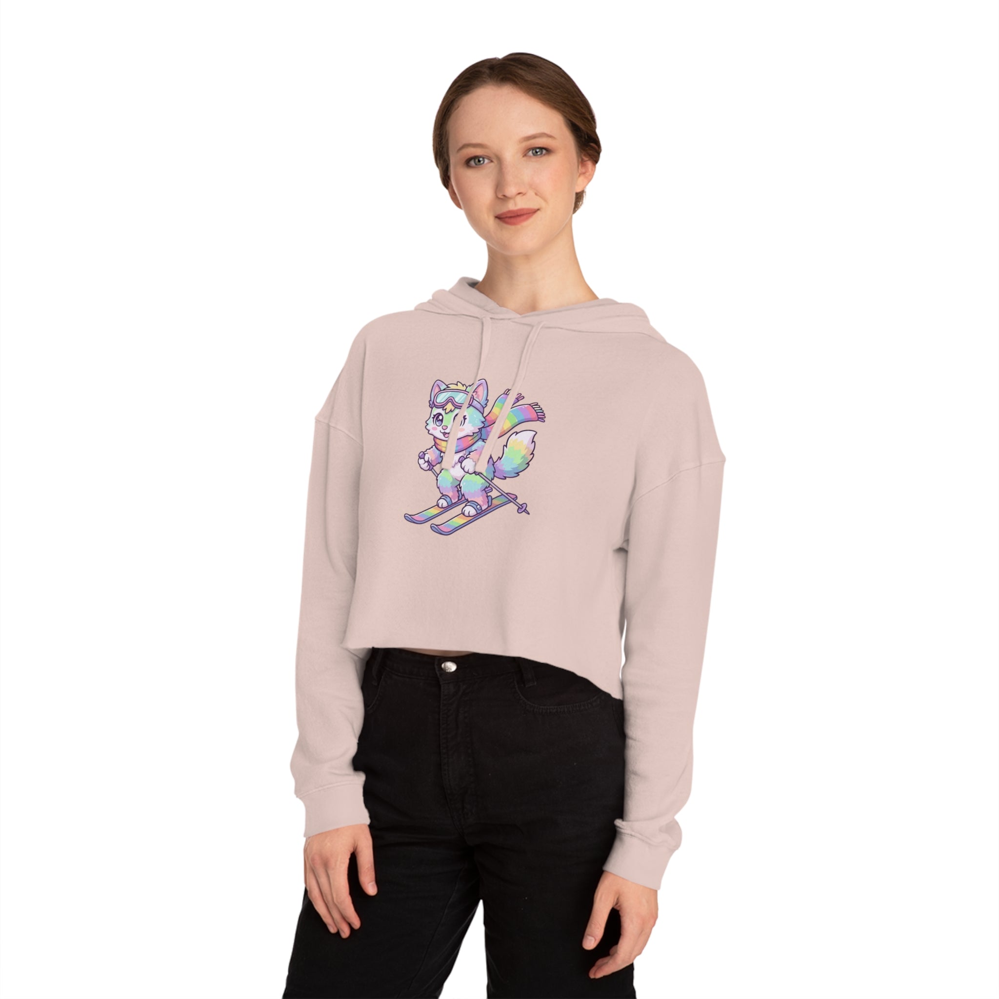 Rainbow Ski Cat Cropped Hoodie — Cute Pastel Cat Skiing Graphic Sweatshirt