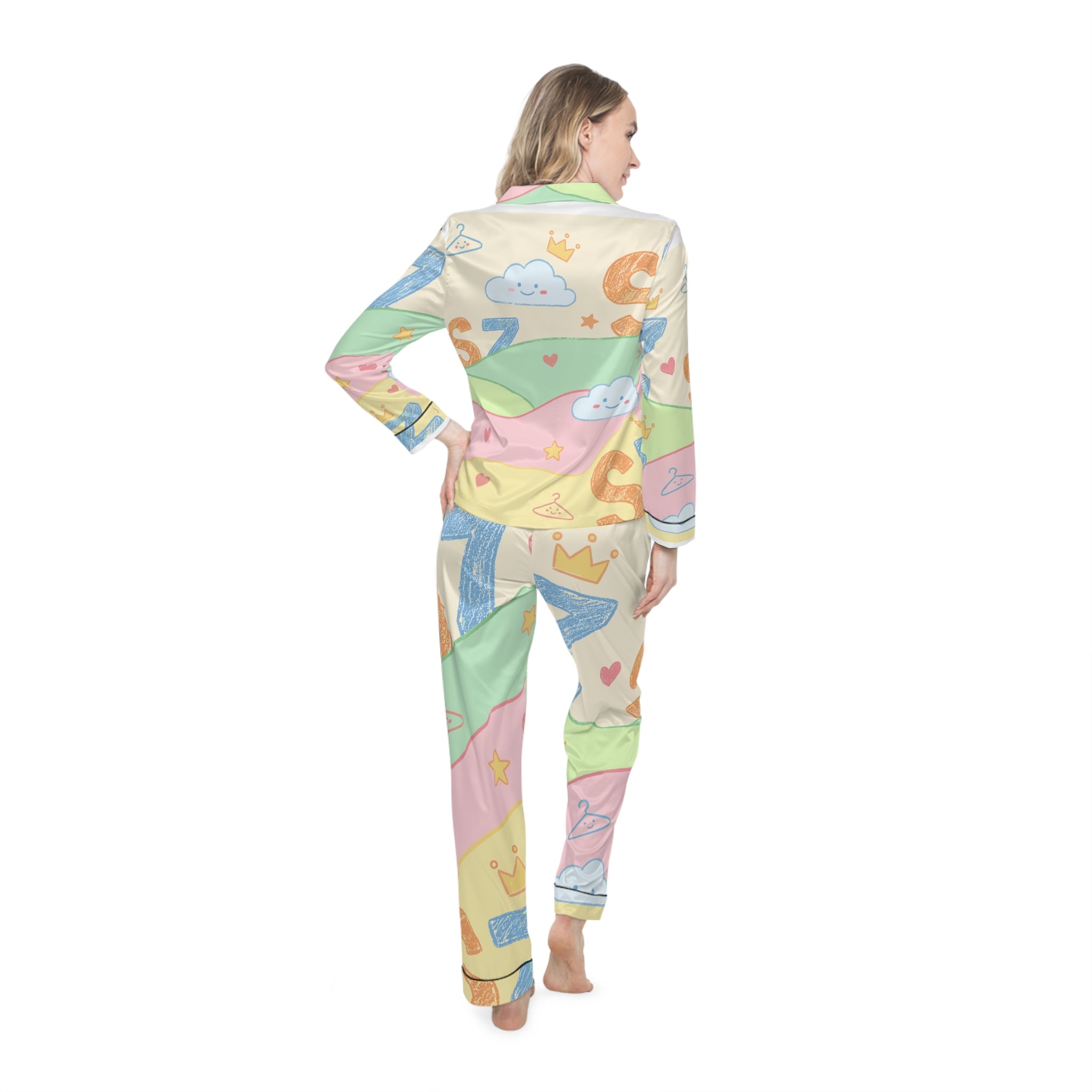 Pastel Cloud & Crown Satin Pajama Set — Women's Cute Sleepwear