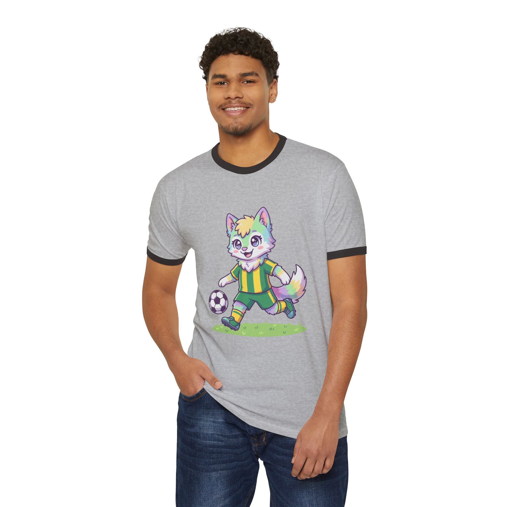Soccer Rainbow Fox Kids Ringer T-Shirt | Cute Cartoon Fox Playing Soccer