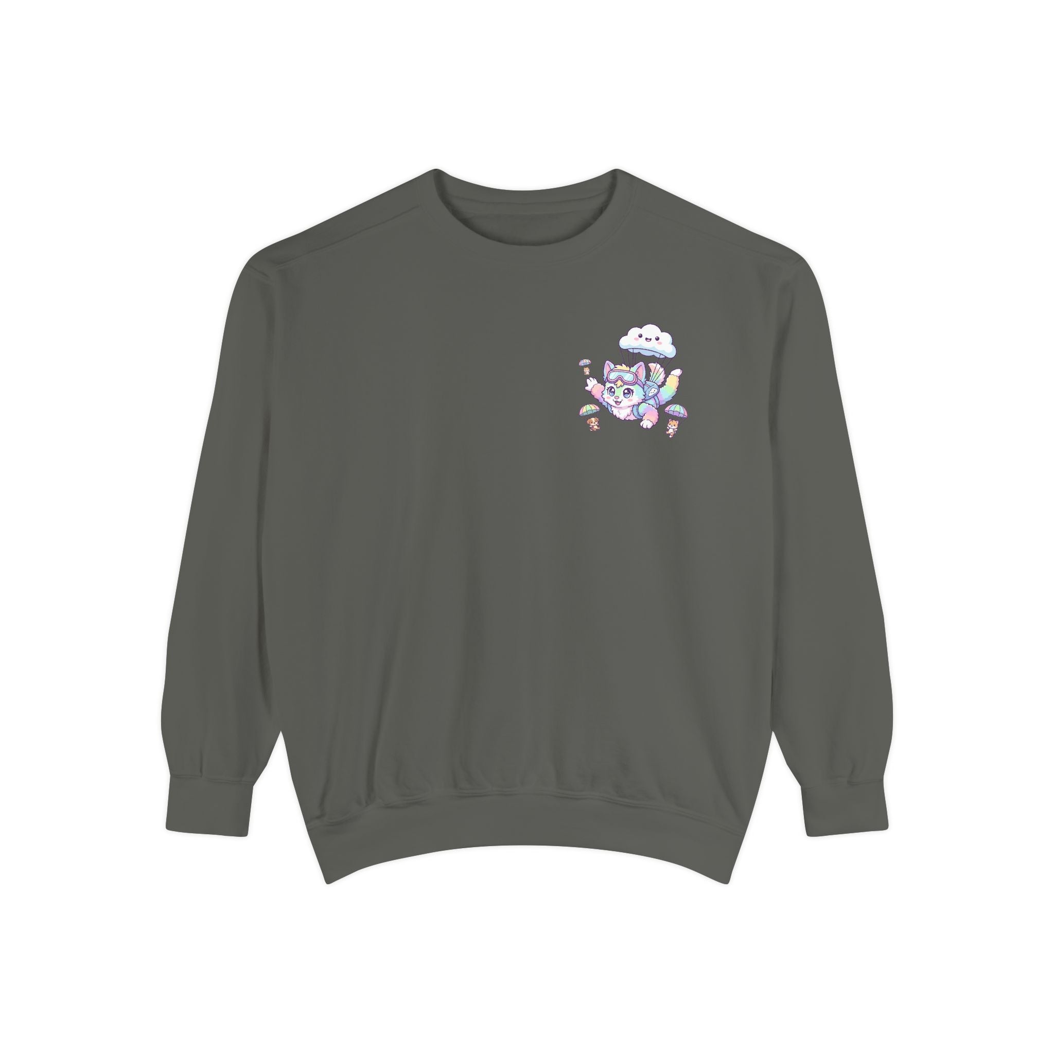 Cute Retro Rainbow Skydiving Furry Sweatshirt | Pocket Graphic T-Shirt