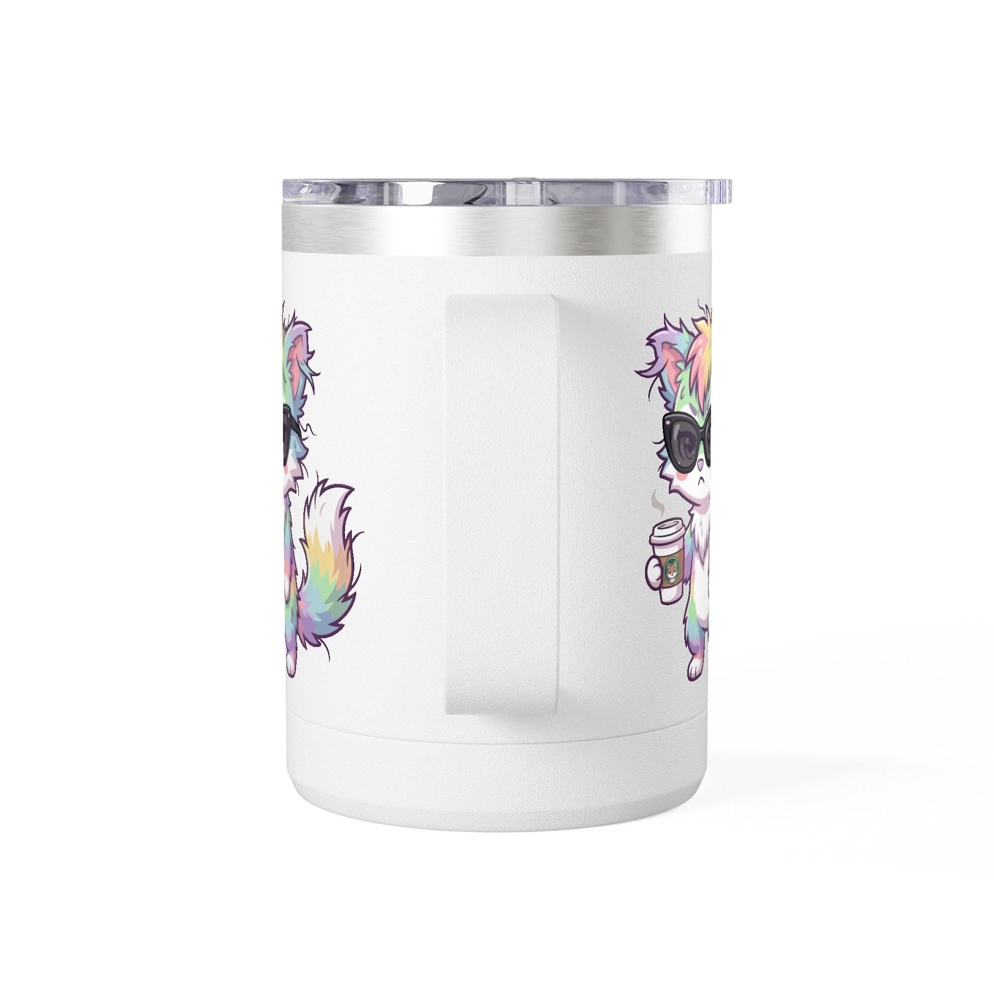 15oz Travel Mug – Cute Grumpy Rainbow Furry with Coffee
