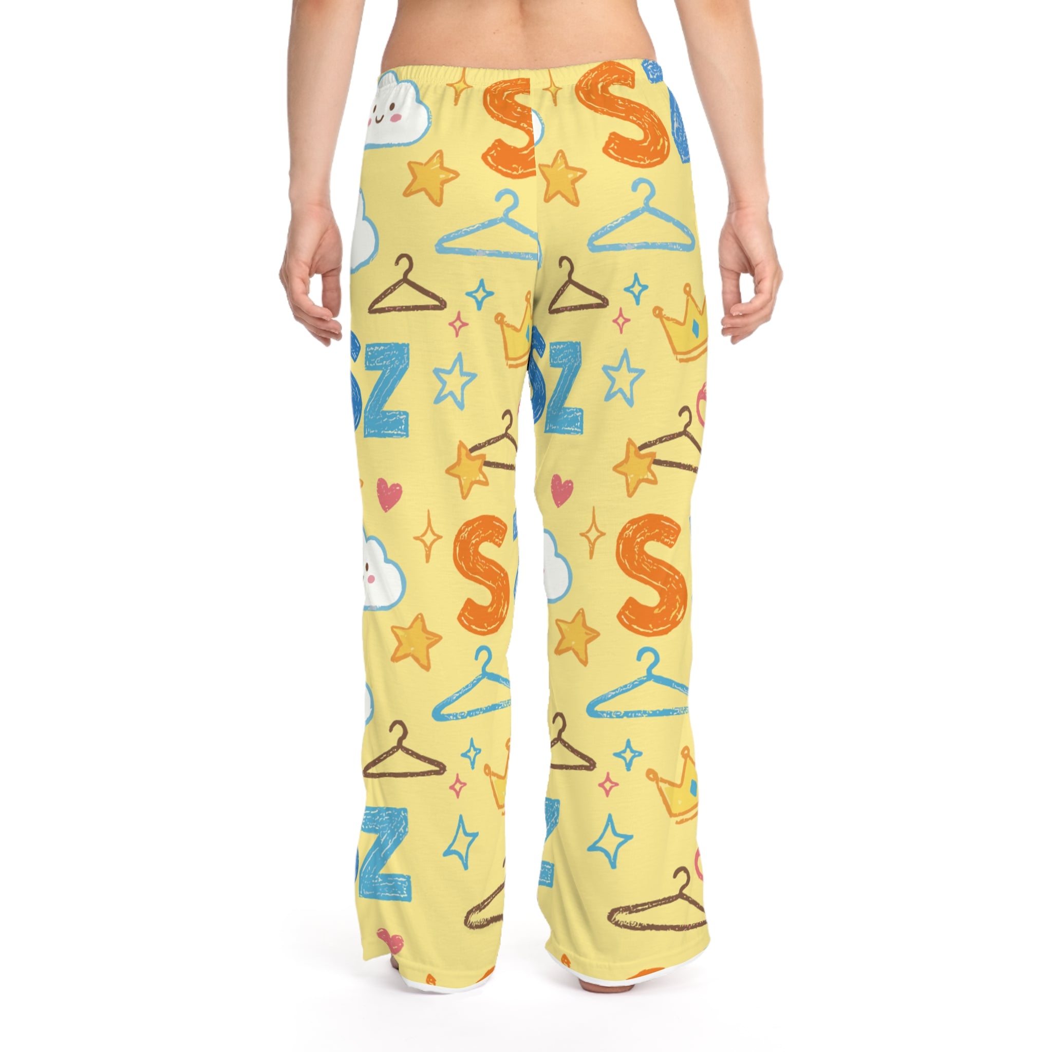 Women’s Sleep Pants — Cute Yellow ‘Zzz’ Cloud & Hanger Pattern Pajama Bottoms
