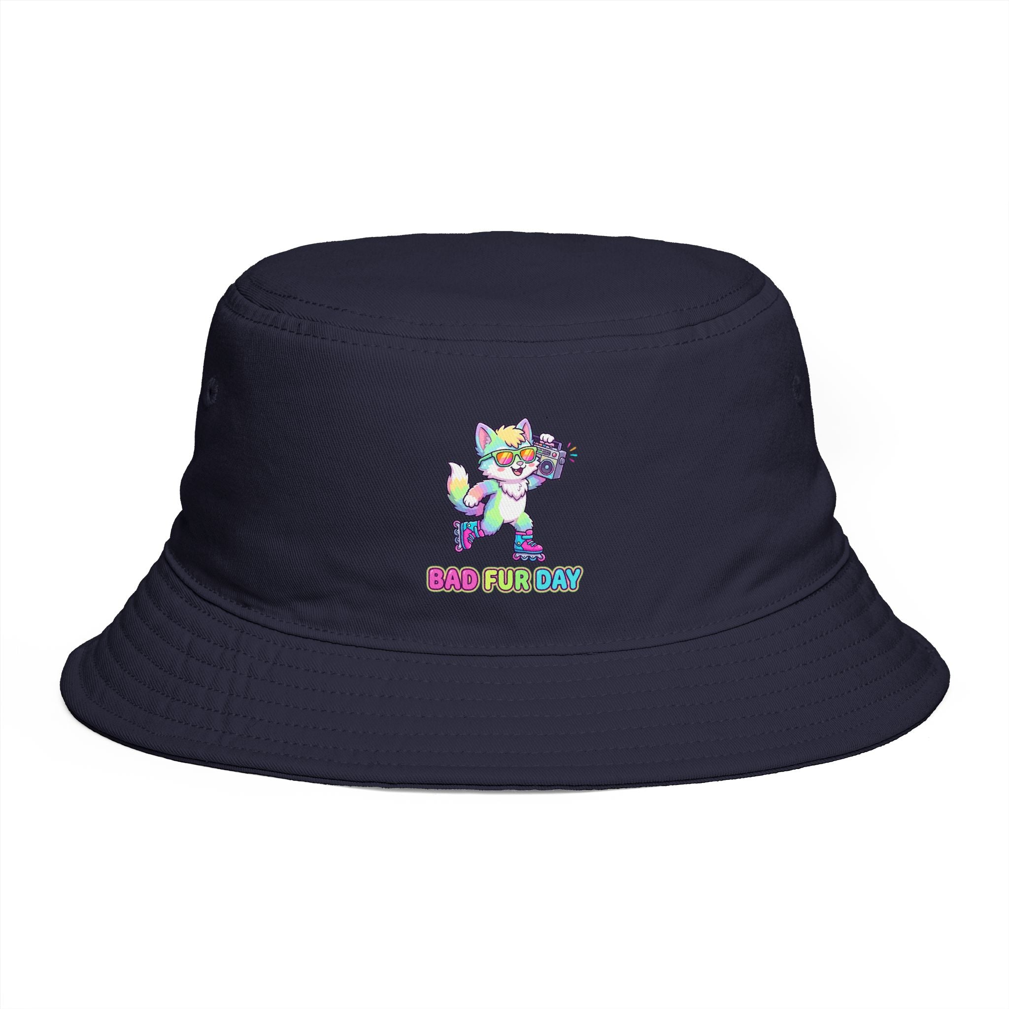Cute Neon Furry Fox Bucket Hat — "Bad Fur Day" Embroidered Cute Animal Sun Hat