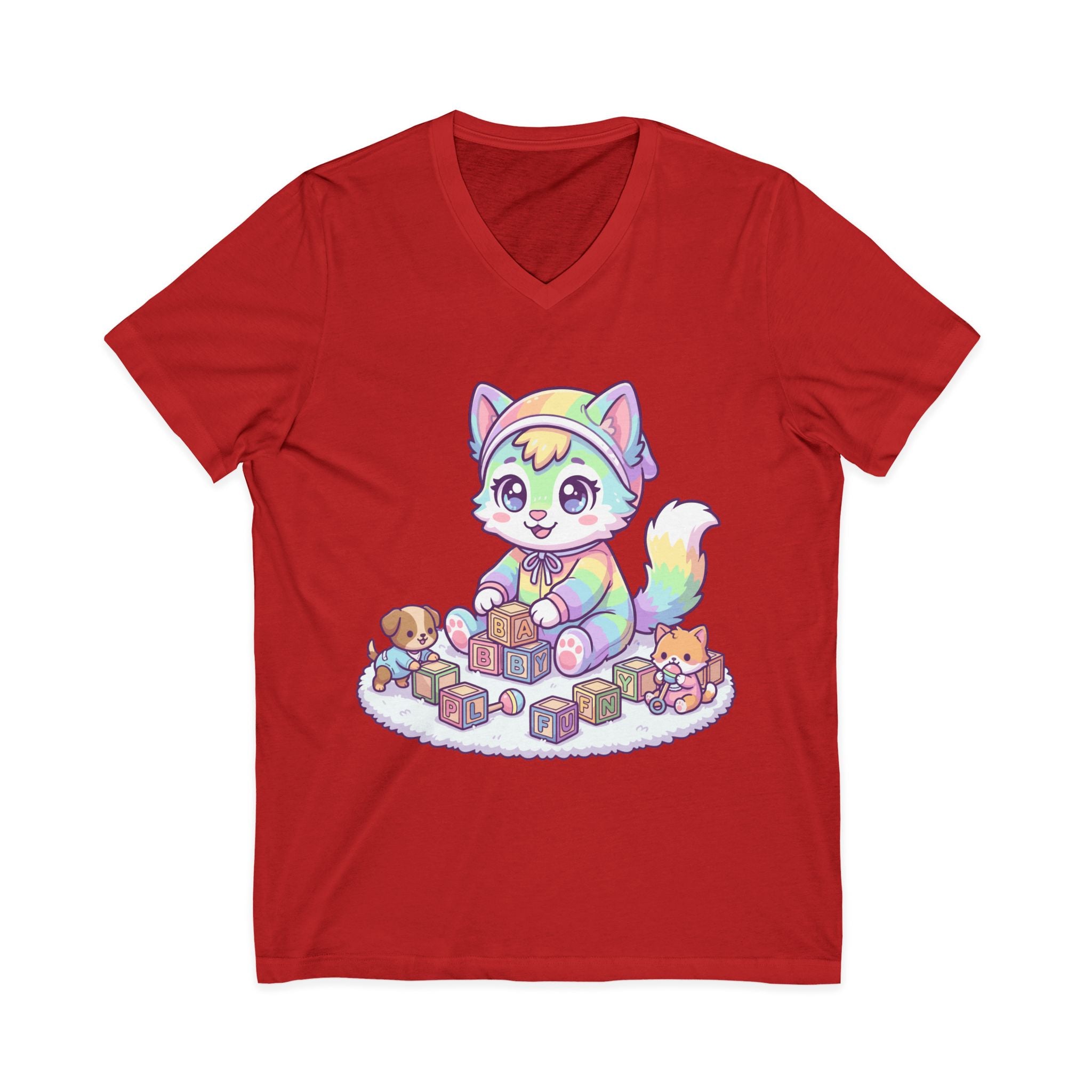 Baby Kawaii Rainbow Kitten Playing With Blocks V-Neck Tee