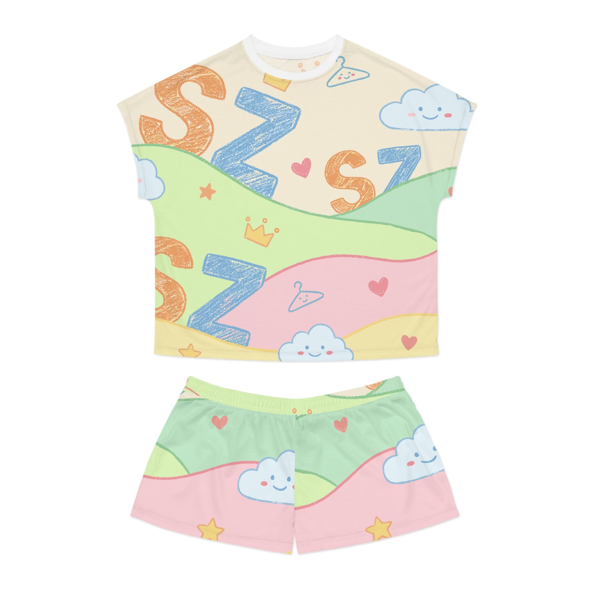 Cute 'S Z' Cloud Pattern Women's Short Pajama Set — Pastel Kawaii Sleepwear