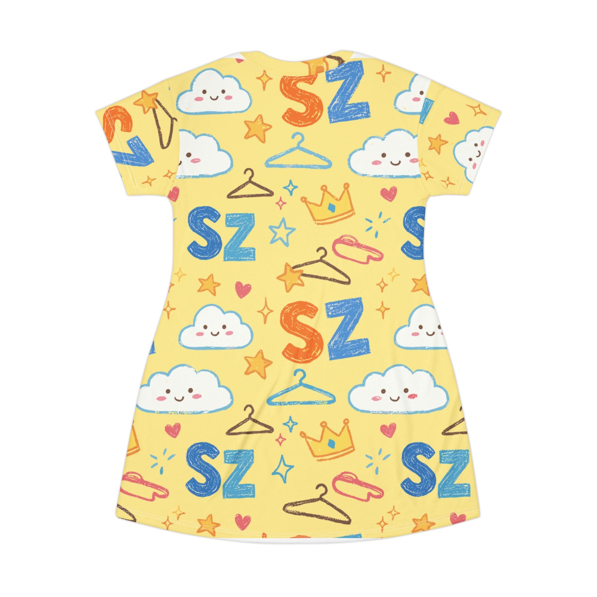 Kids' Yellow SZ Pattern T-Shirt Dress — Cute Clouds, Crowns & Hangers All-Over Print