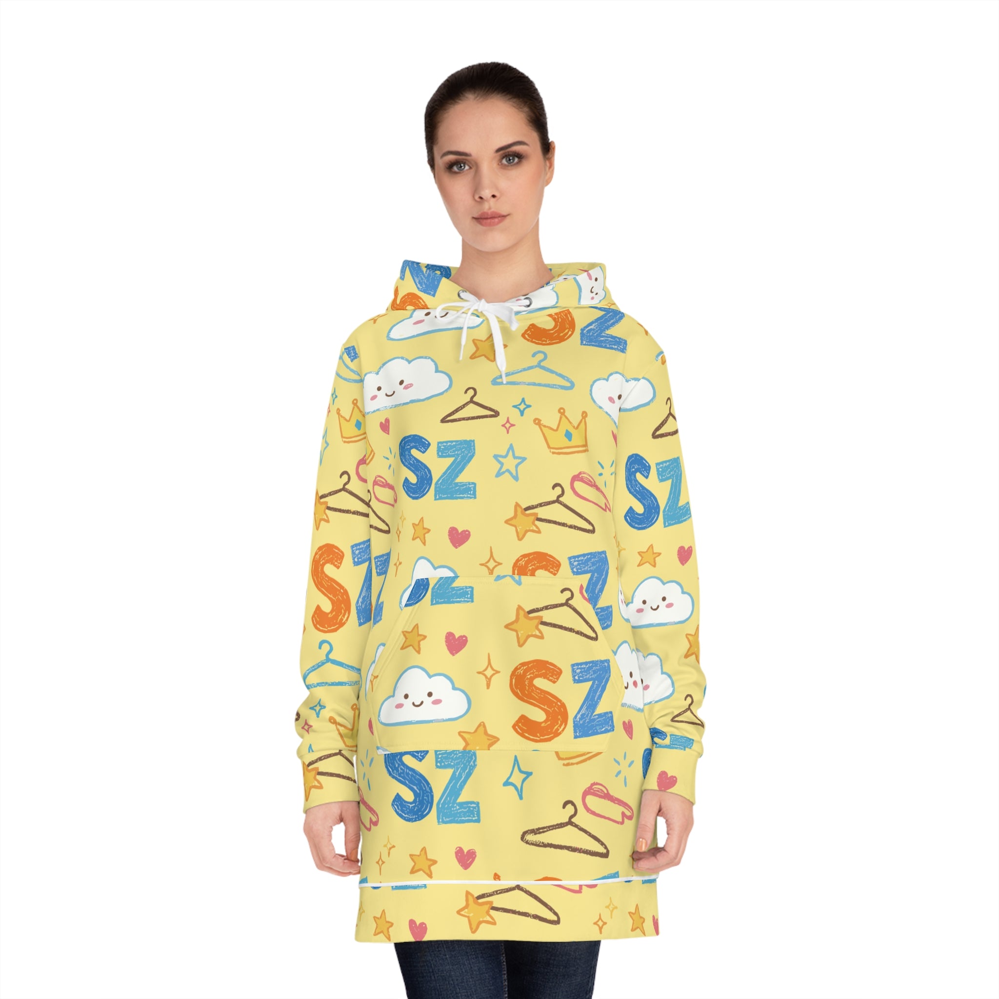 Cute Yellow 'SZ' Pattern Women's Hoodie Dress — Kawaii Cloud & Crown All-Over Print