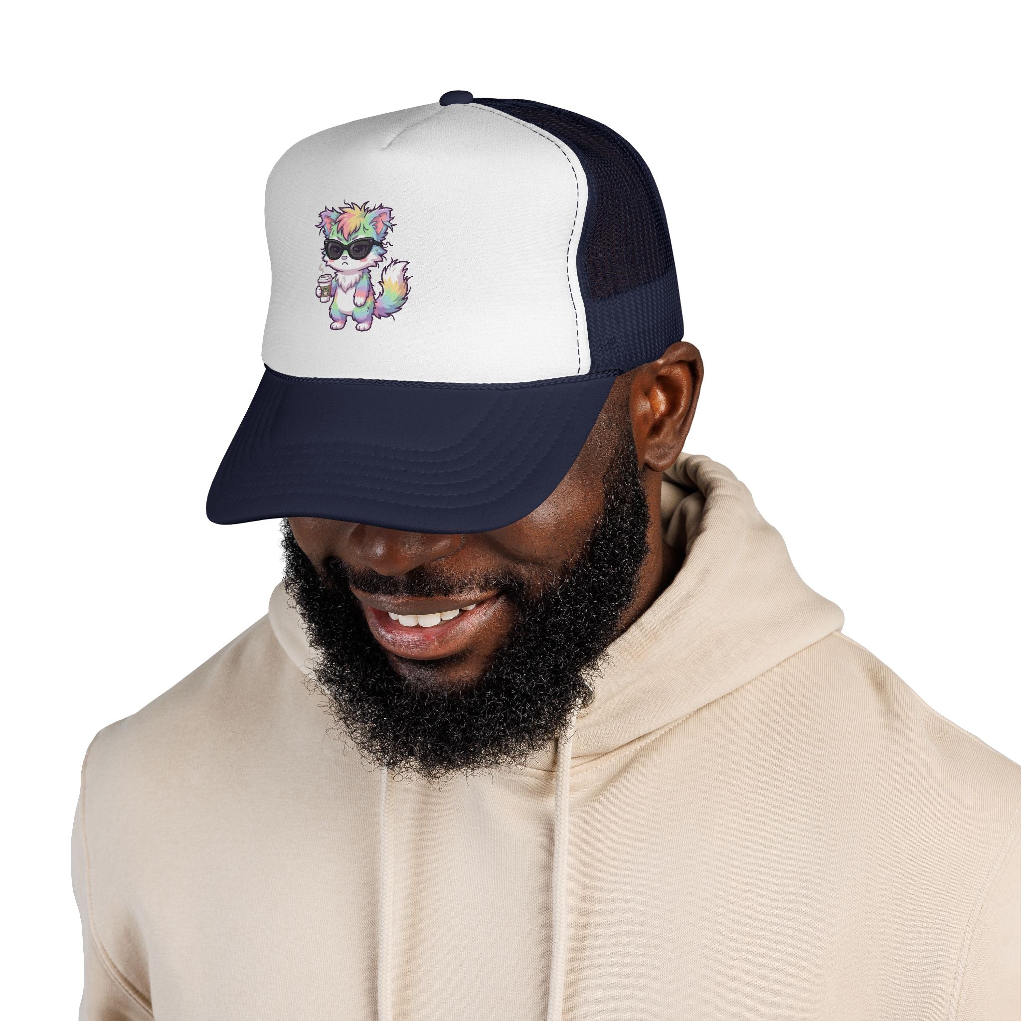 Grumpy Rainbow Furry Trucker Cap — Sunglasses Cute Mesh Back Hat