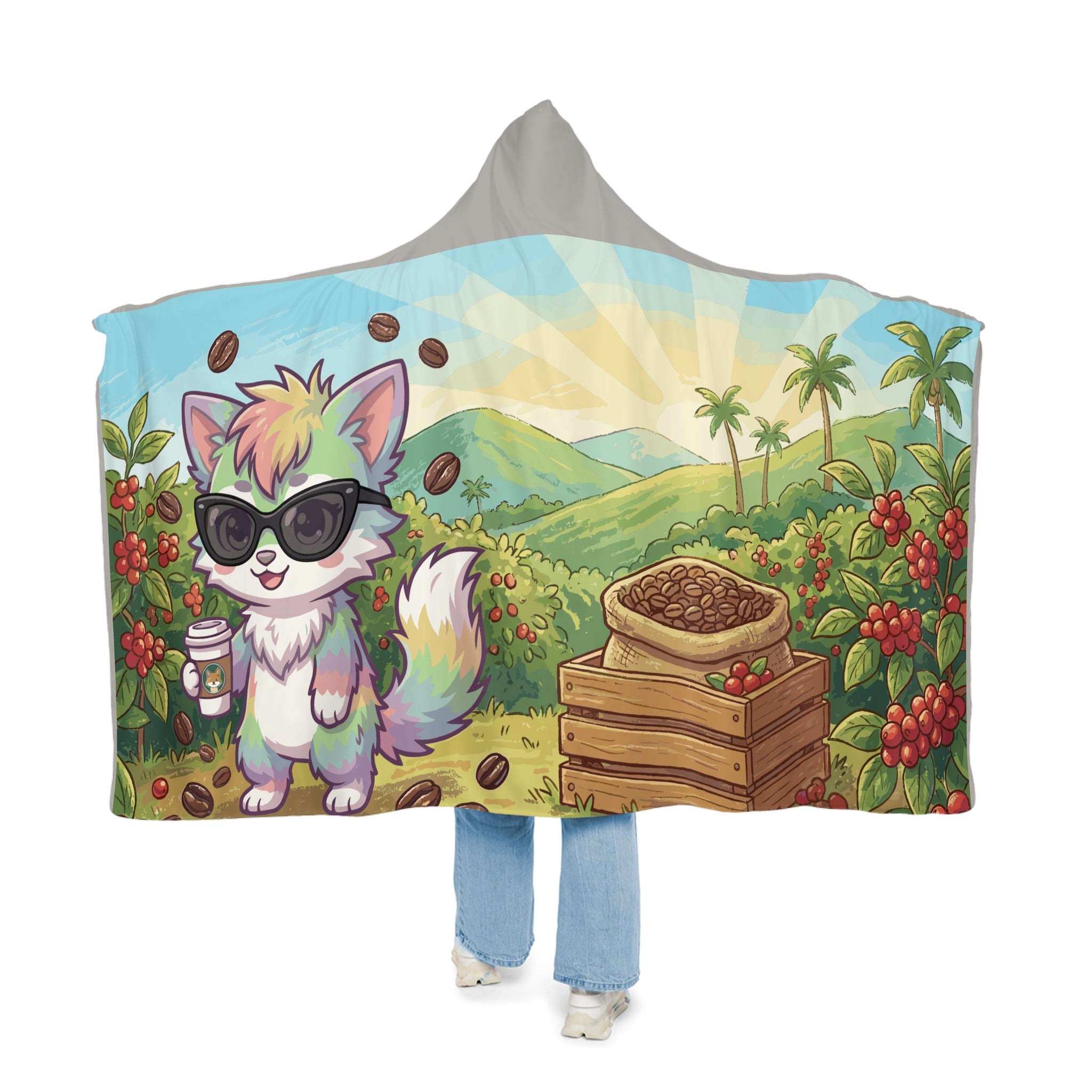 Hooded Blanket - Cute Coffee Fox Coffee Farm Hooded Snuggle Blanket
