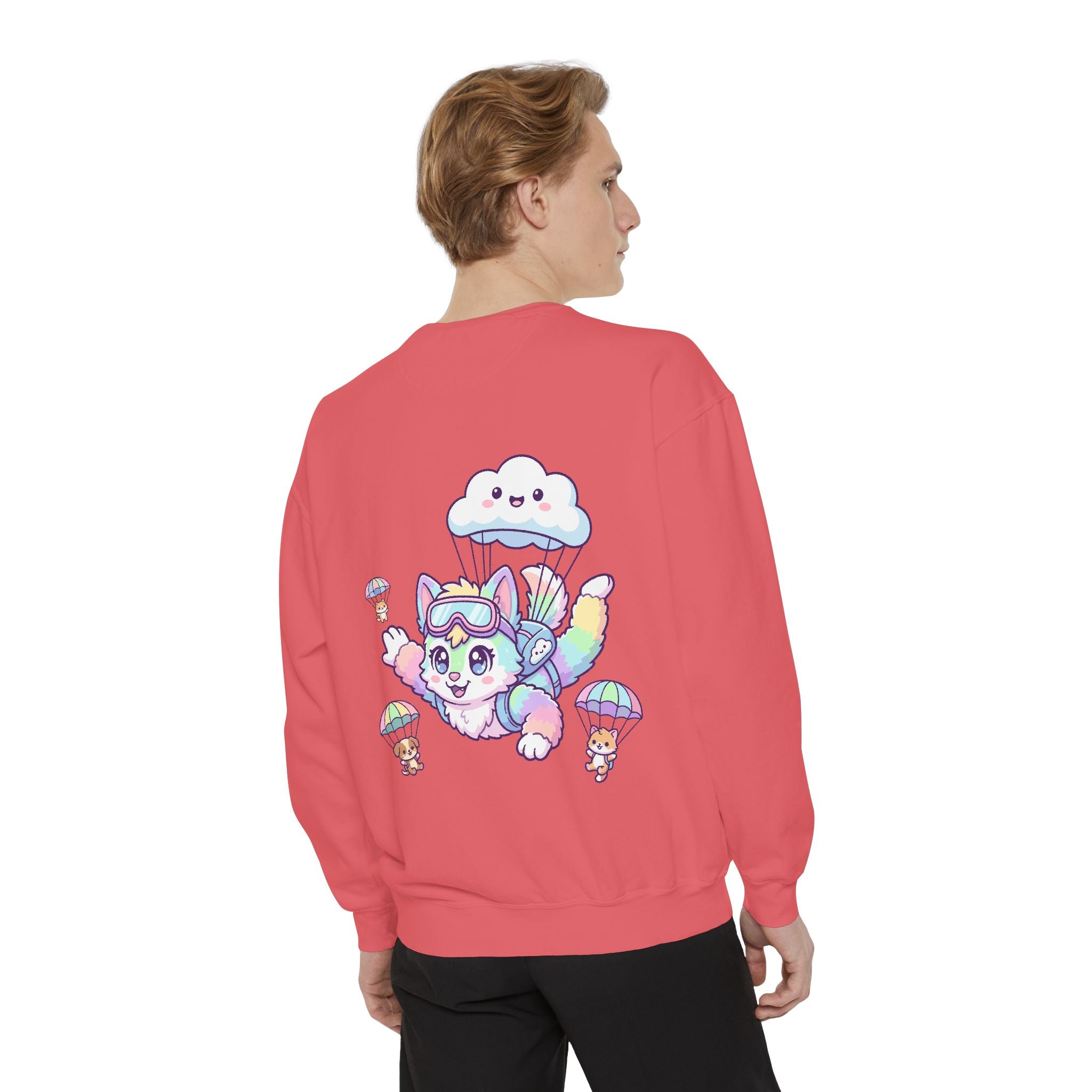 Cute Retro Rainbow Skydiving Furry Sweatshirt | Pocket Graphic T-Shirt