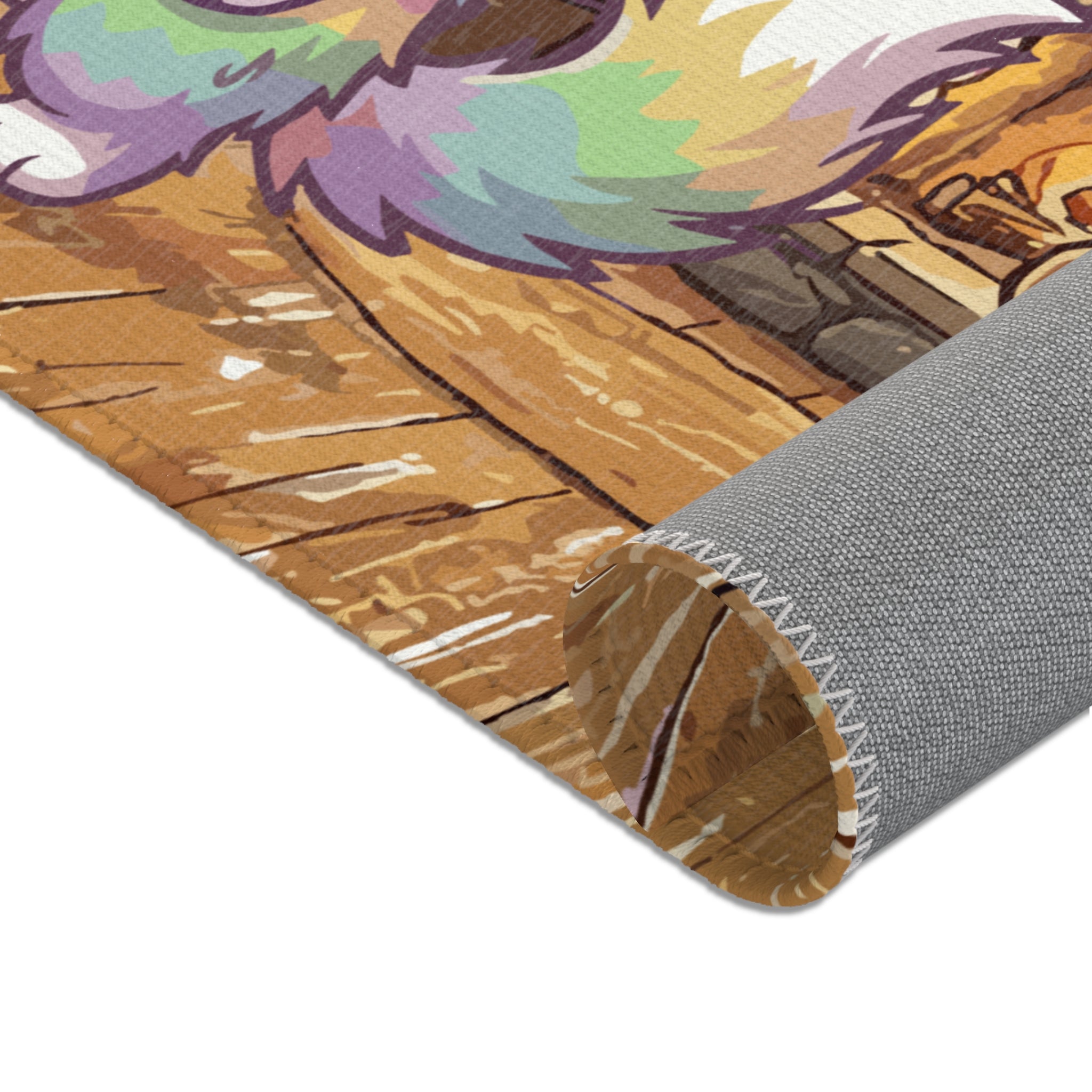 Cozy Cabin Rainbow Fox Area Rug — Cute Colorful Cat with Sunglasses Indoor Accent Mat