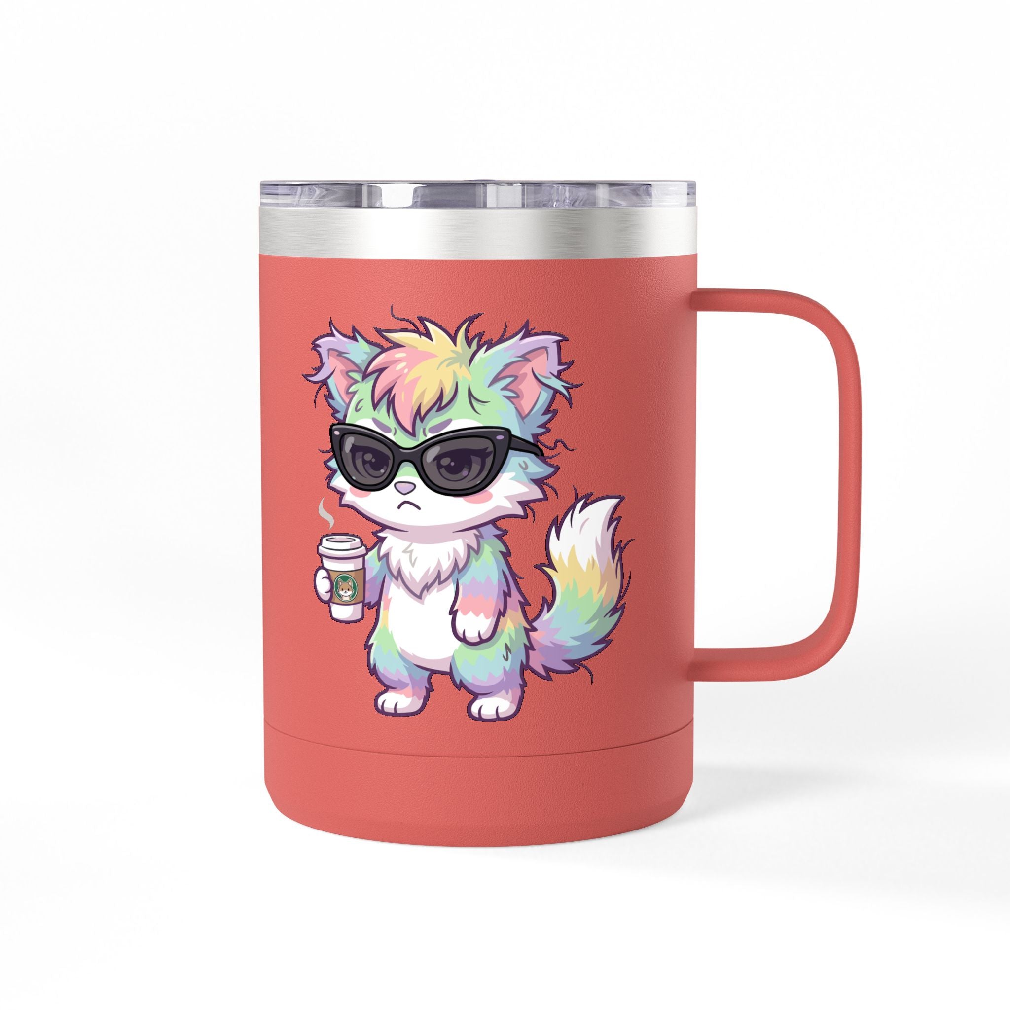 15oz Travel Mug – Cute Grumpy Rainbow Furry with Coffee