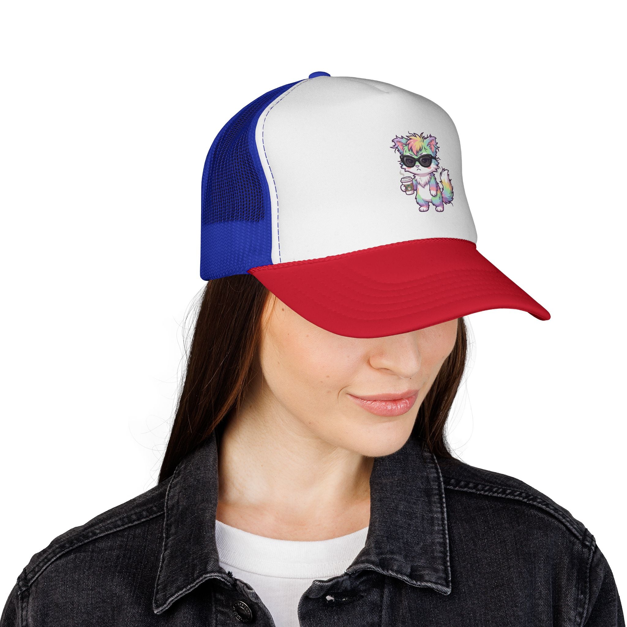 Grumpy Rainbow Furry Trucker Cap — Sunglasses Cute Mesh Back Hat