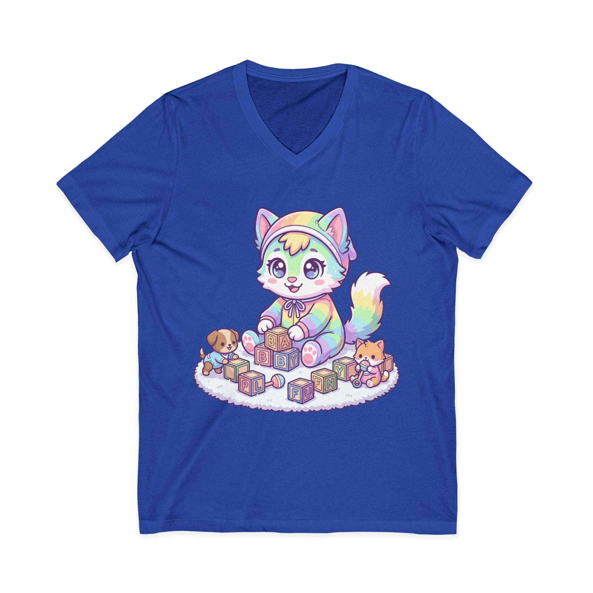 Baby Kawaii Rainbow Kitten Playing With Blocks V-Neck Tee