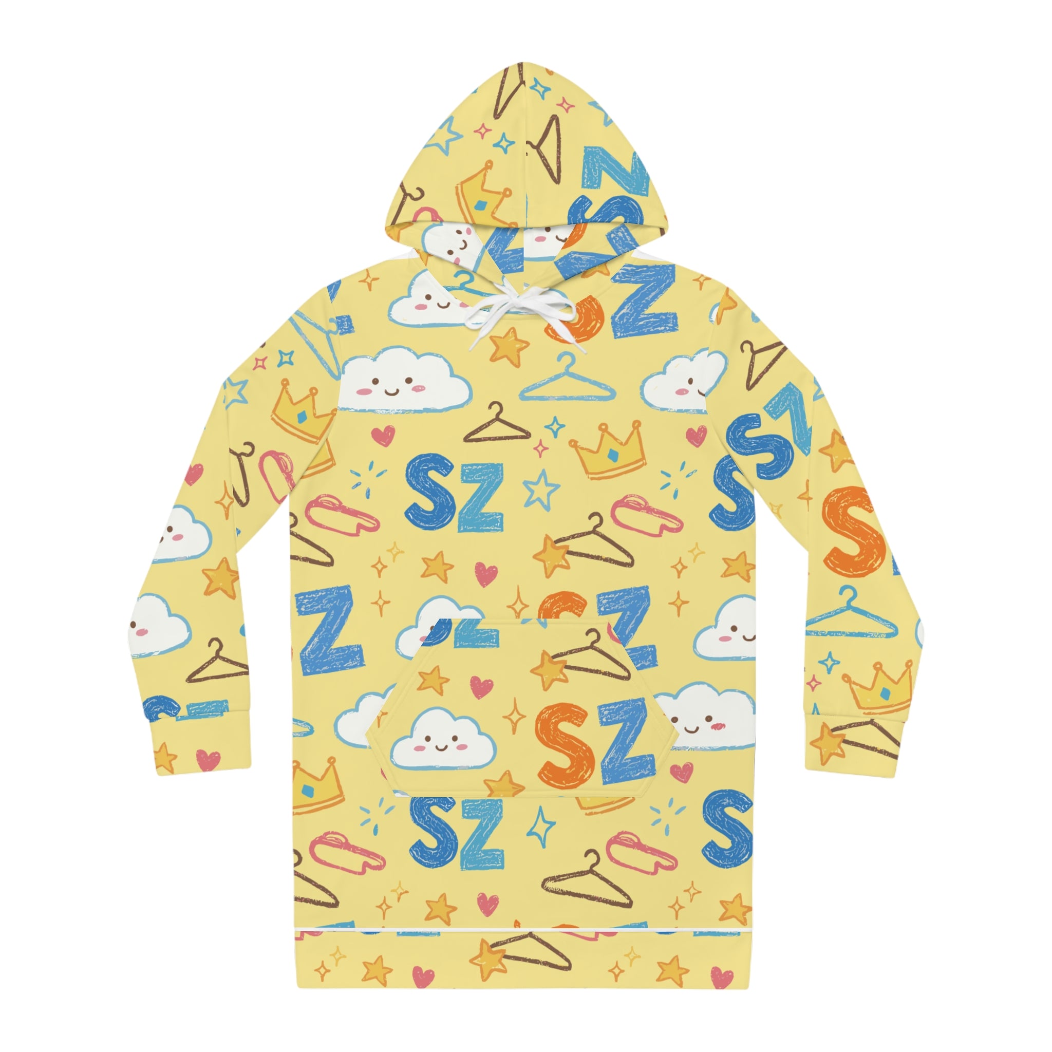 Cute Yellow 'SZ' Pattern Women's Hoodie Dress — Kawaii Cloud & Crown All-Over Print