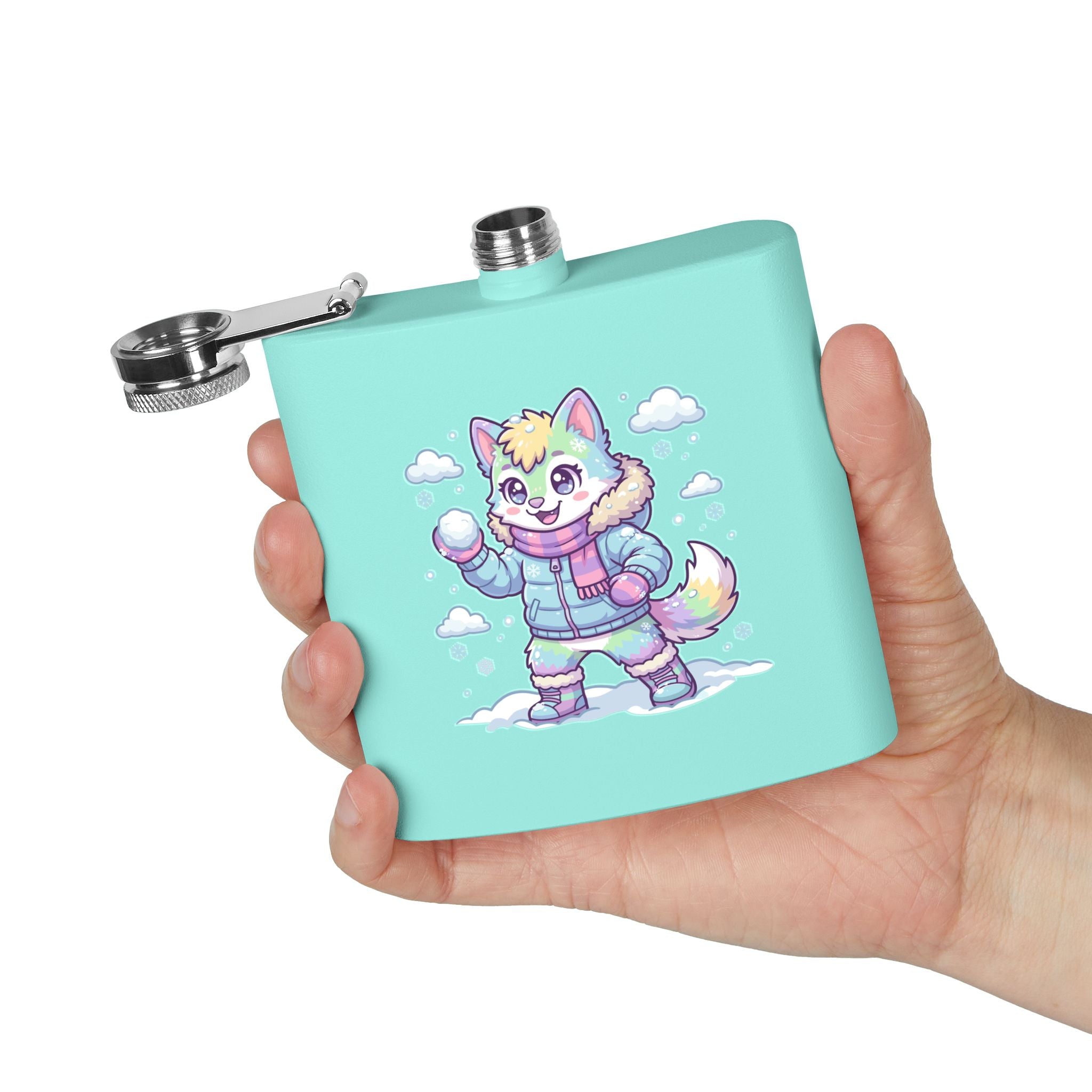 6oz Stainless Steel Flask — Cute Pastel Arctic Pup Snowball Design
