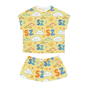 Women's Short Pajama Set - Cute Yellow 'SZ' Cloud & Crown All-Over Print