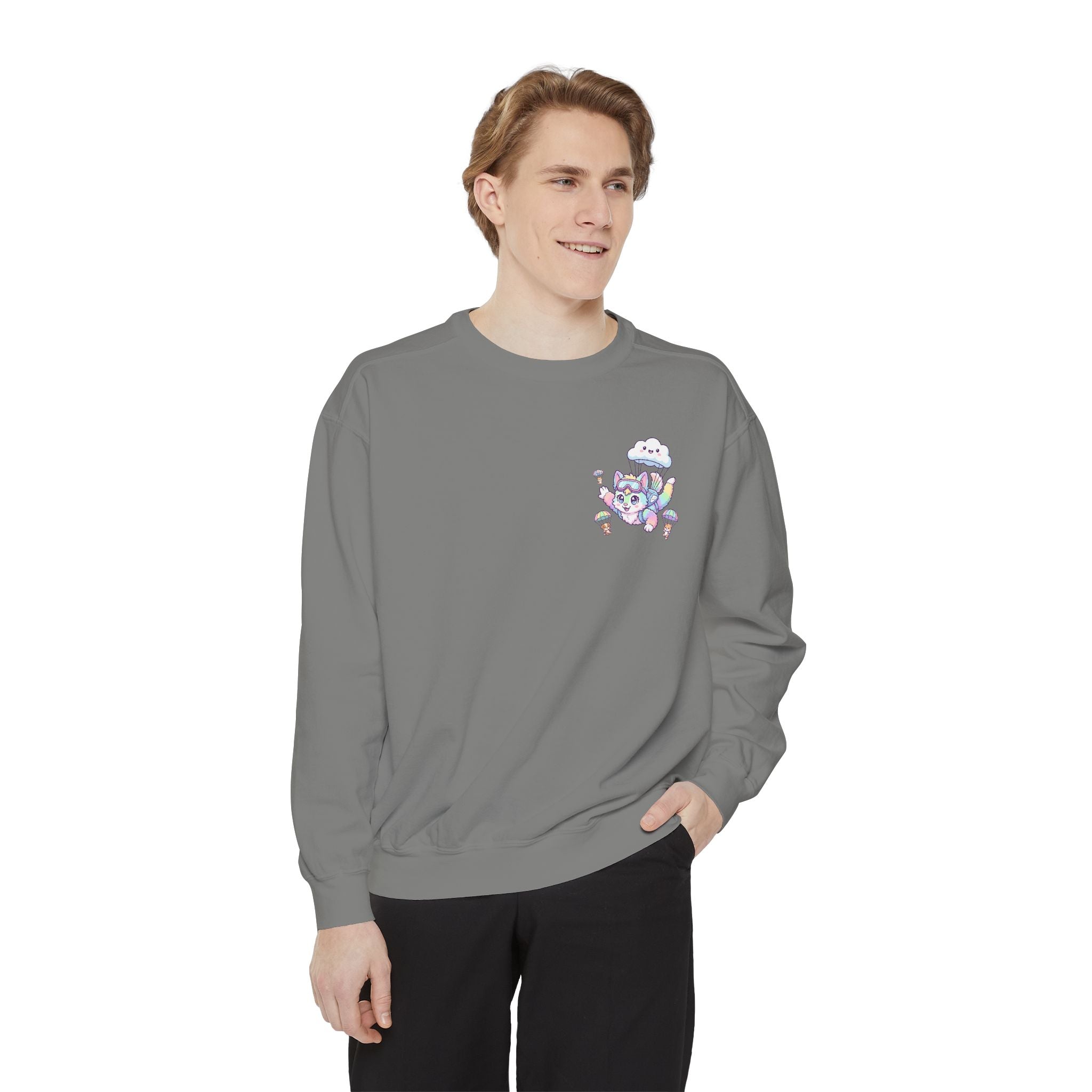 Cute Retro Rainbow Skydiving Furry Sweatshirt | Pocket Graphic T-Shirt