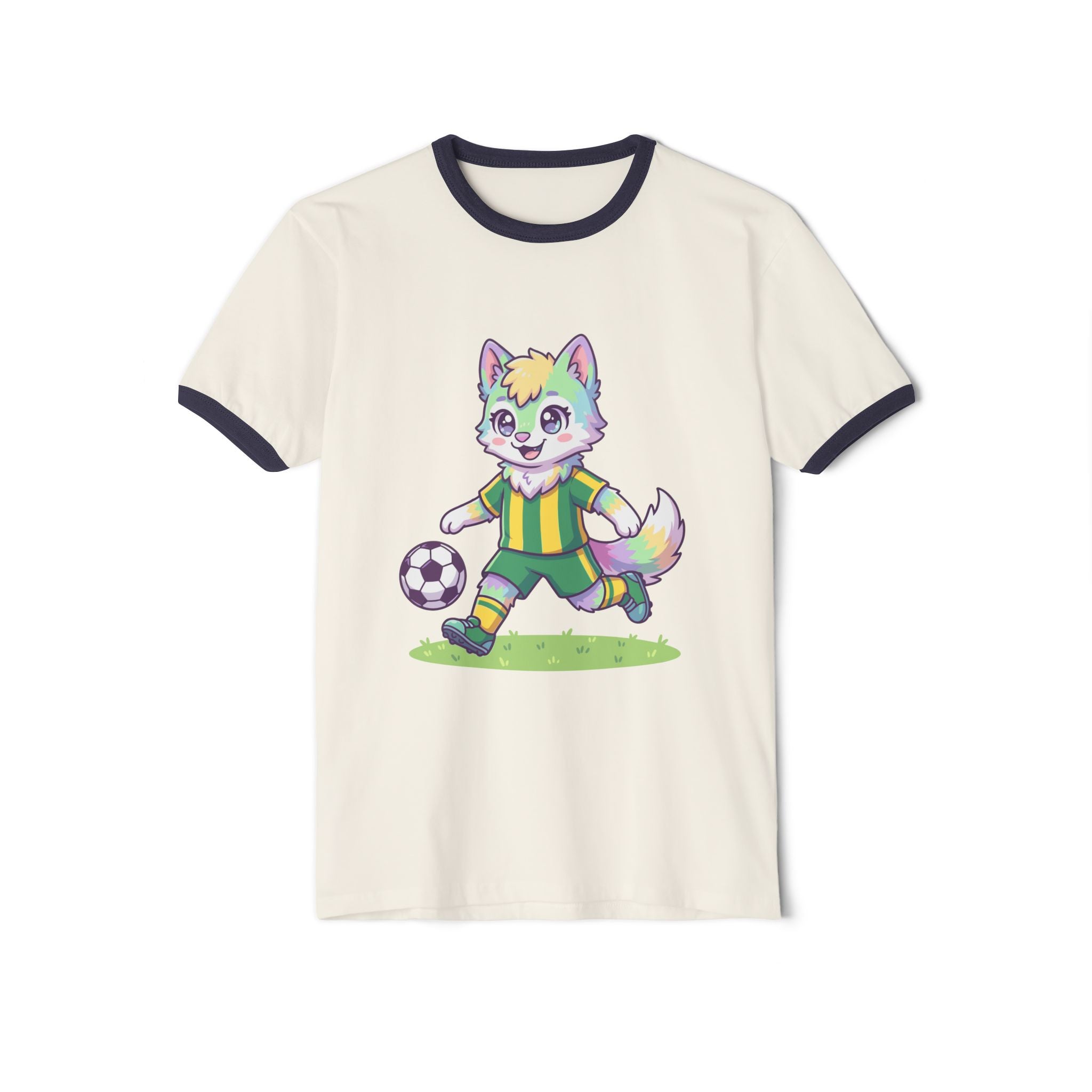 Soccer Rainbow Fox Kids Ringer T-Shirt | Cute Cartoon Fox Playing Soccer