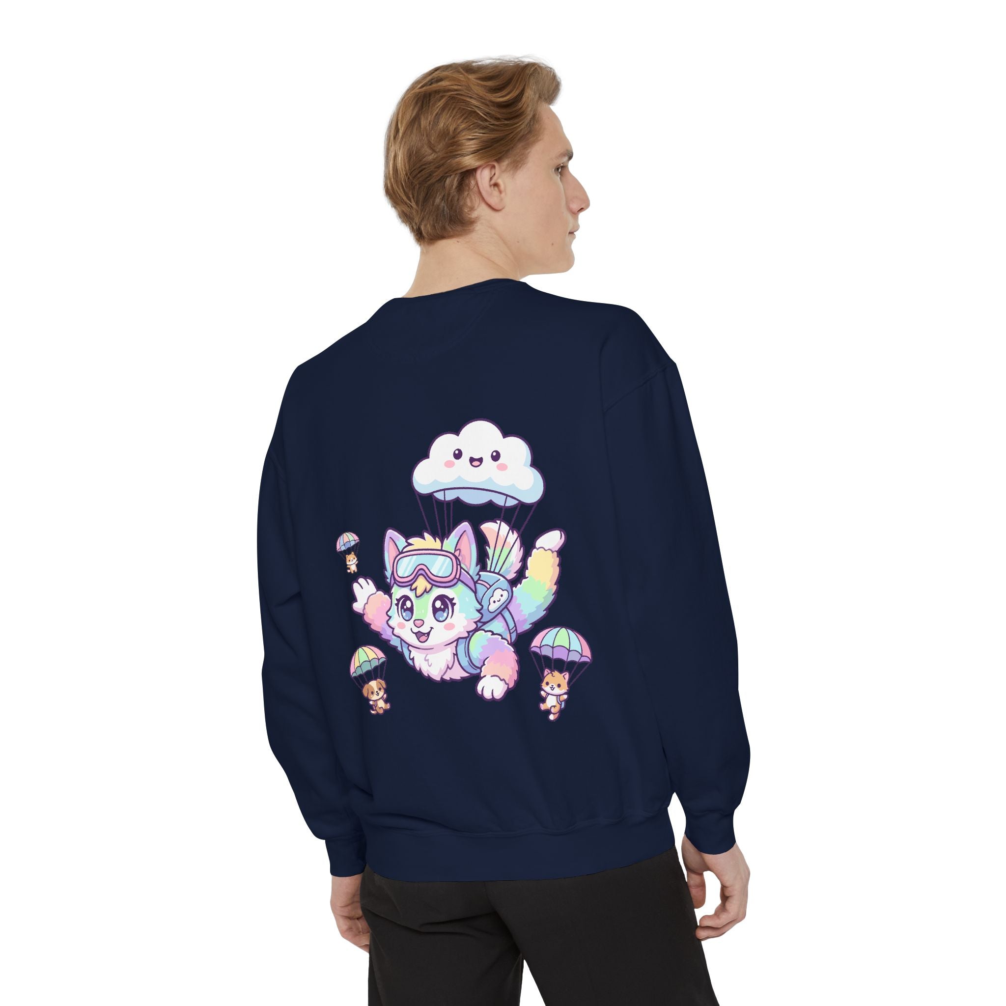 Cute Retro Rainbow Skydiving Furry Sweatshirt | Pocket Graphic T-Shirt