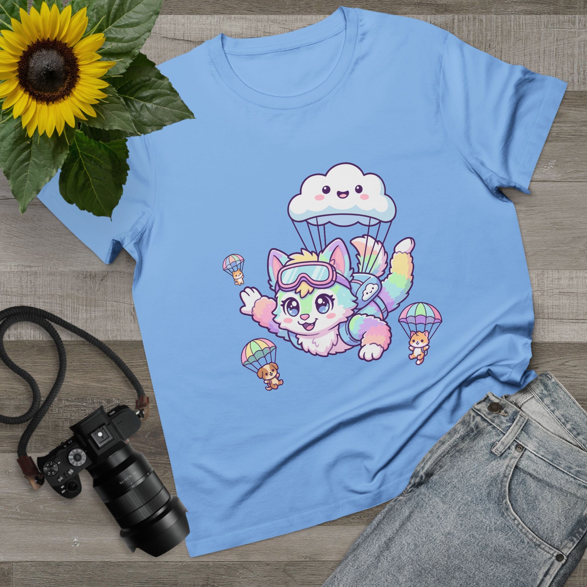 Pastel Rainbow Furry Skydiving Character Tee | Cute Pet Pals