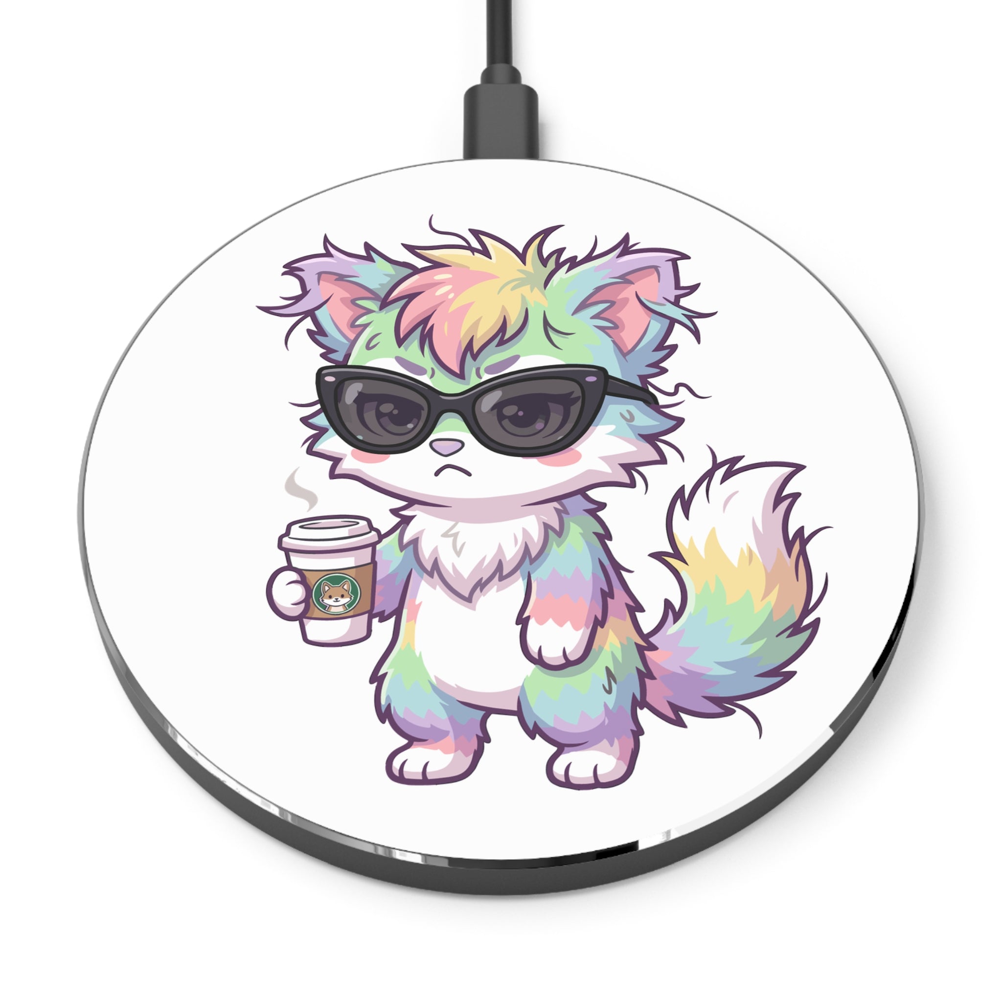 Cute Rainbow Cat with Coffee Wireless Charger — Kawaii Cat Phone Charger