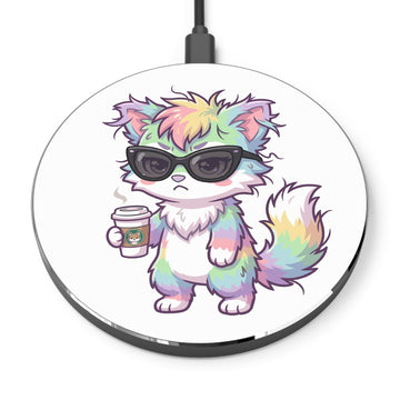 Cute Rainbow Cat with Coffee Wireless Charger — Kawaii Cat Phone Charger