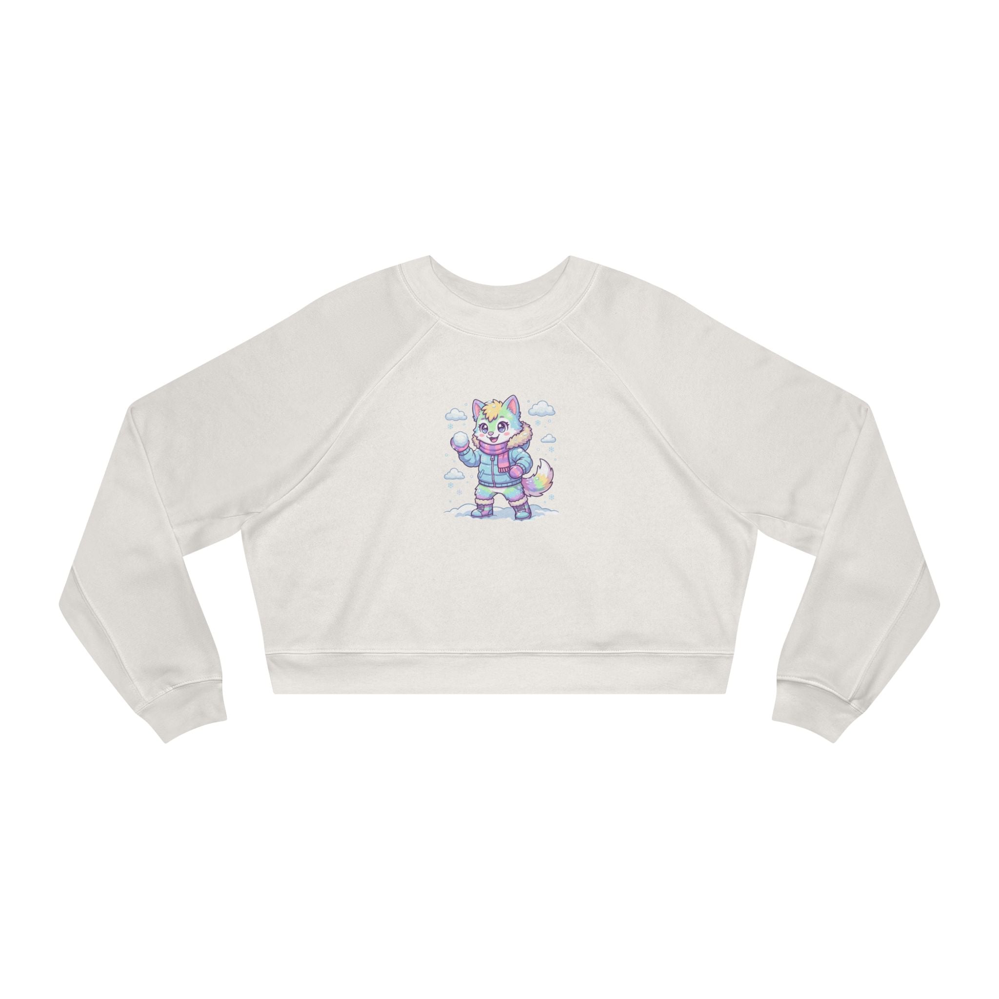 Winter Cropped Pullover | Pastel Lucky Cat Snowball Graphic