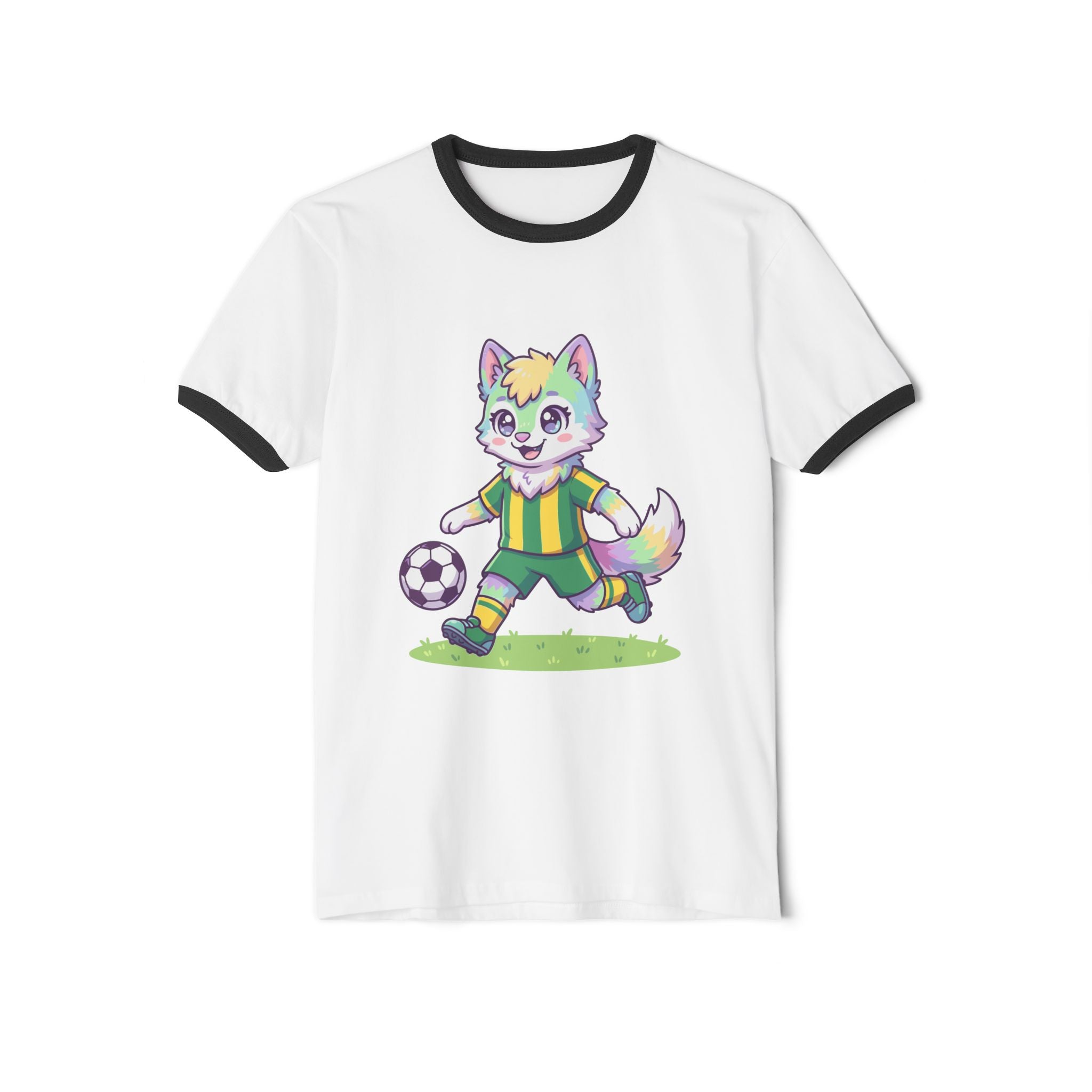 Soccer Rainbow Fox Kids Ringer T-Shirt | Cute Cartoon Fox Playing Soccer