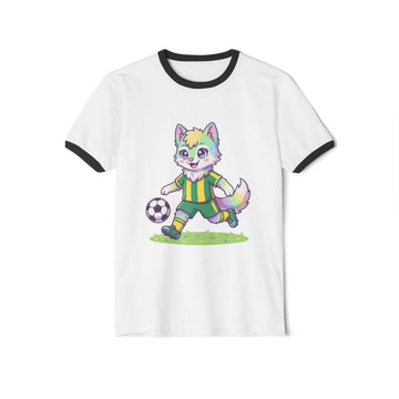 Soccer Rainbow Fox Kids Ringer T-Shirt | Cute Cartoon Fox Playing Soccer