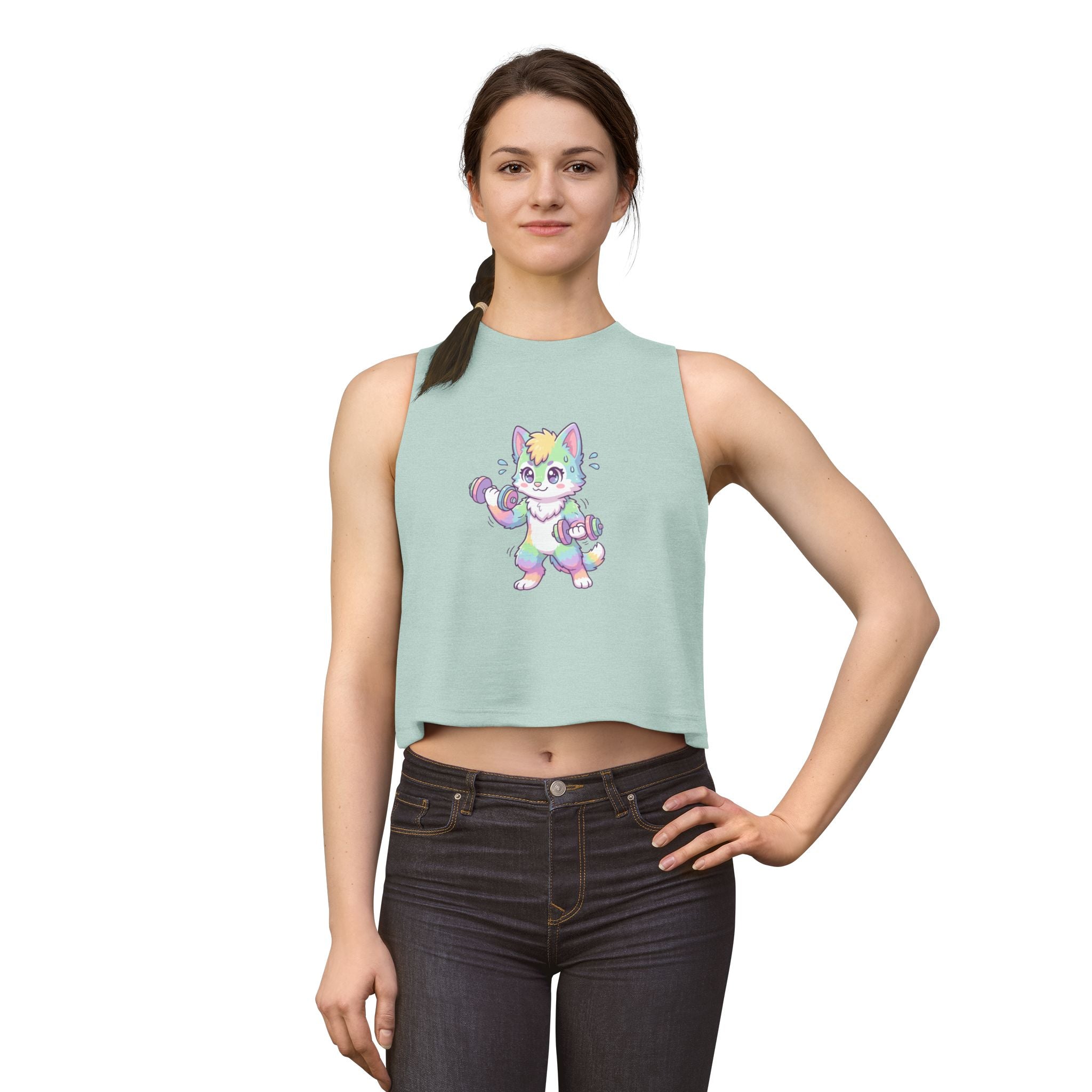 Lift Cute Pastel Fitness Cat Crop Top — Rainbow Kitty with Dumbbells