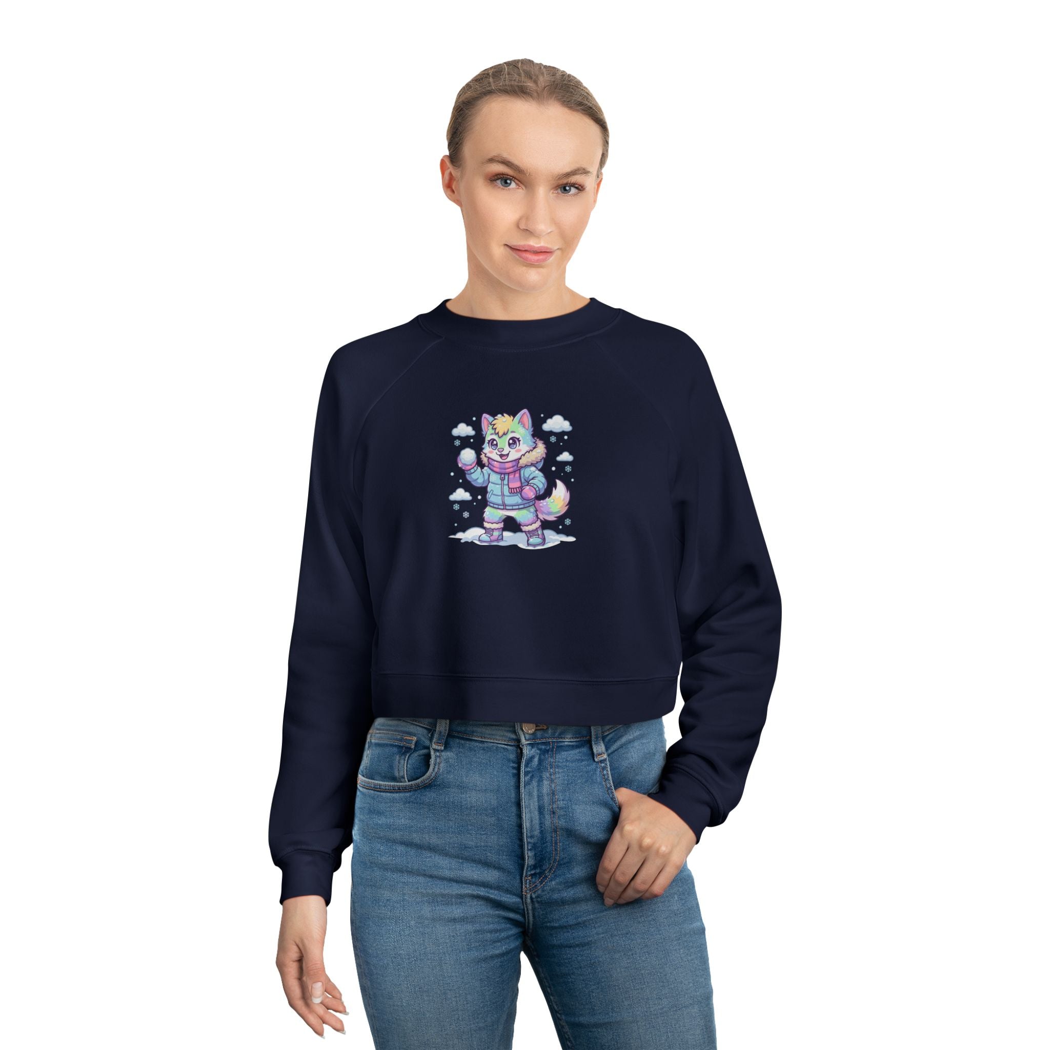 Winter Cropped Pullover | Pastel Lucky Cat Snowball Graphic