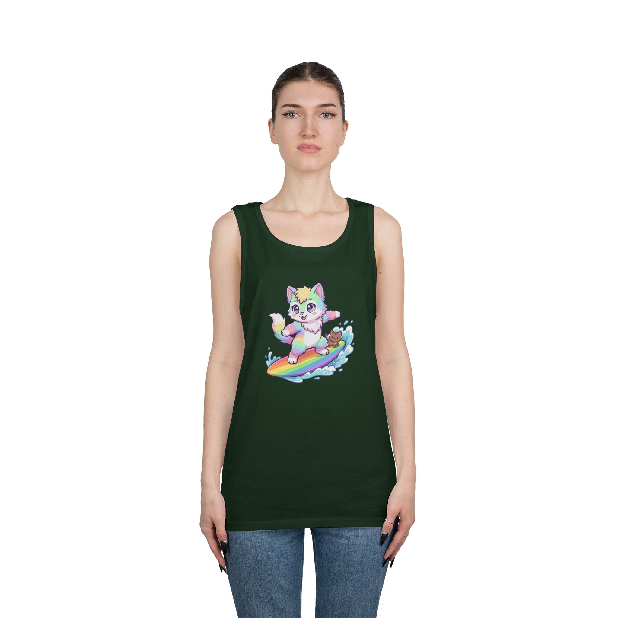 Kawaii Cat Surfing Rainbow Tank