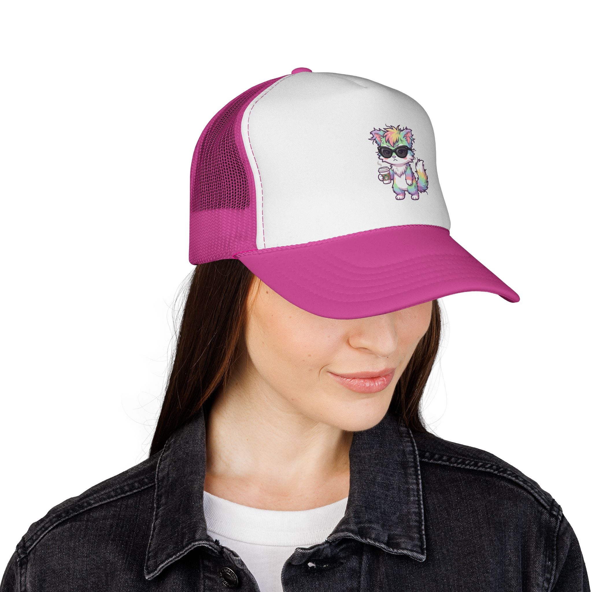 Grumpy Rainbow Furry Trucker Cap — Sunglasses Cute Mesh Back Hat