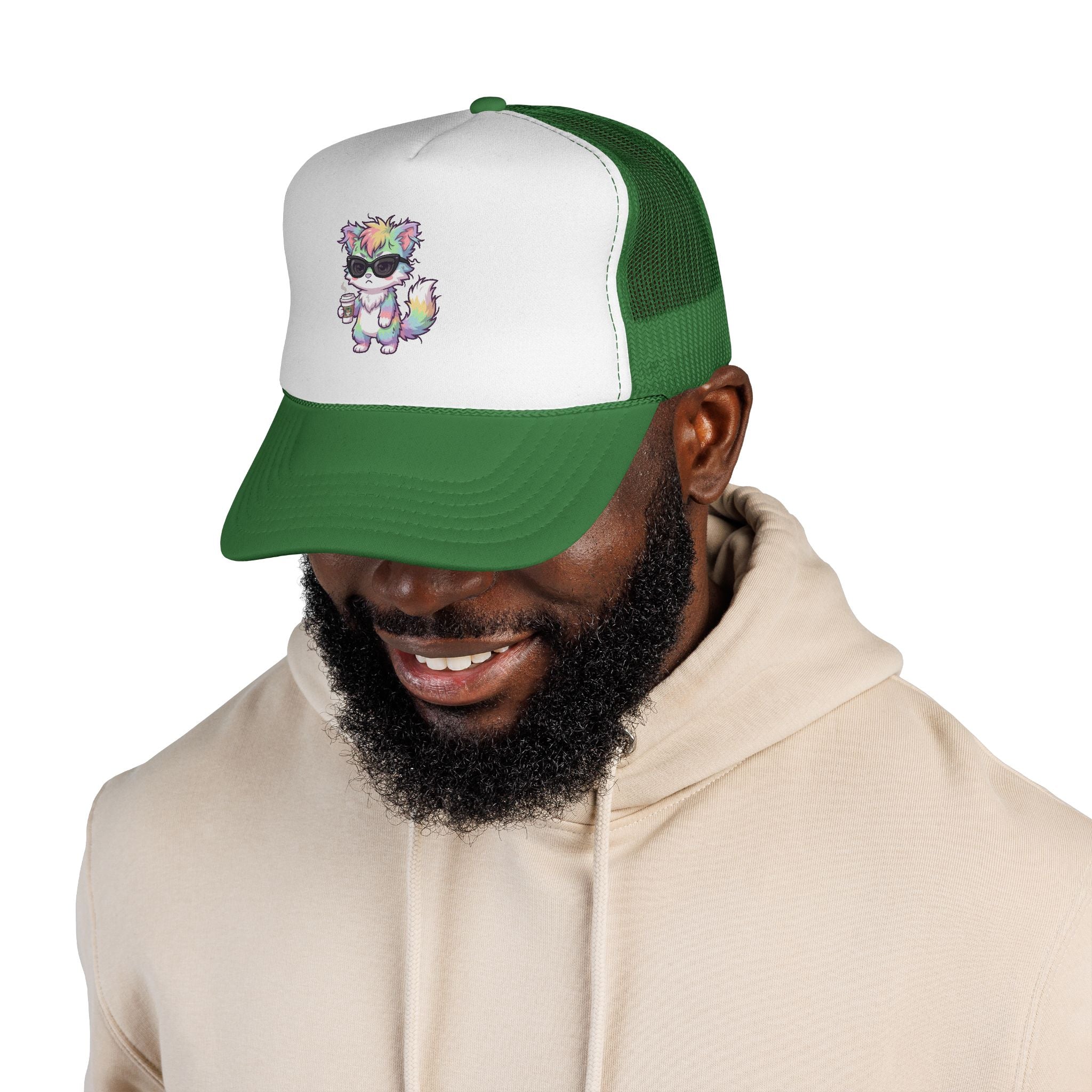 Grumpy Rainbow Furry Trucker Cap — Sunglasses Cute Mesh Back Hat