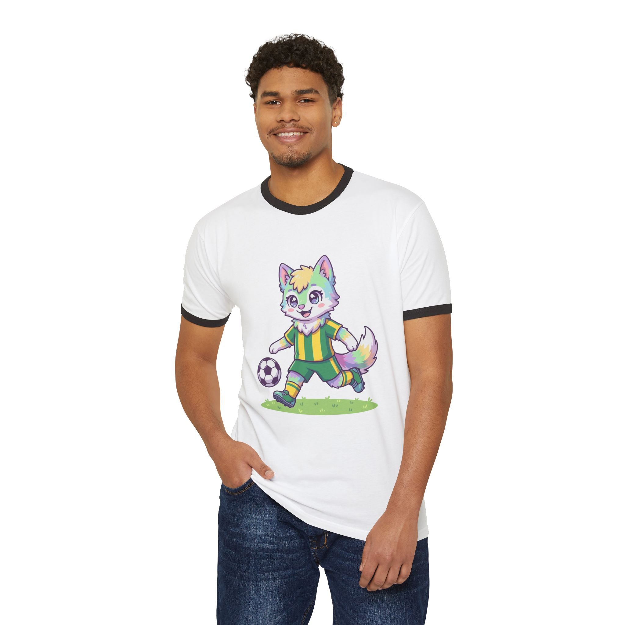 Soccer Rainbow Fox Kids Ringer T-Shirt | Cute Cartoon Fox Playing Soccer