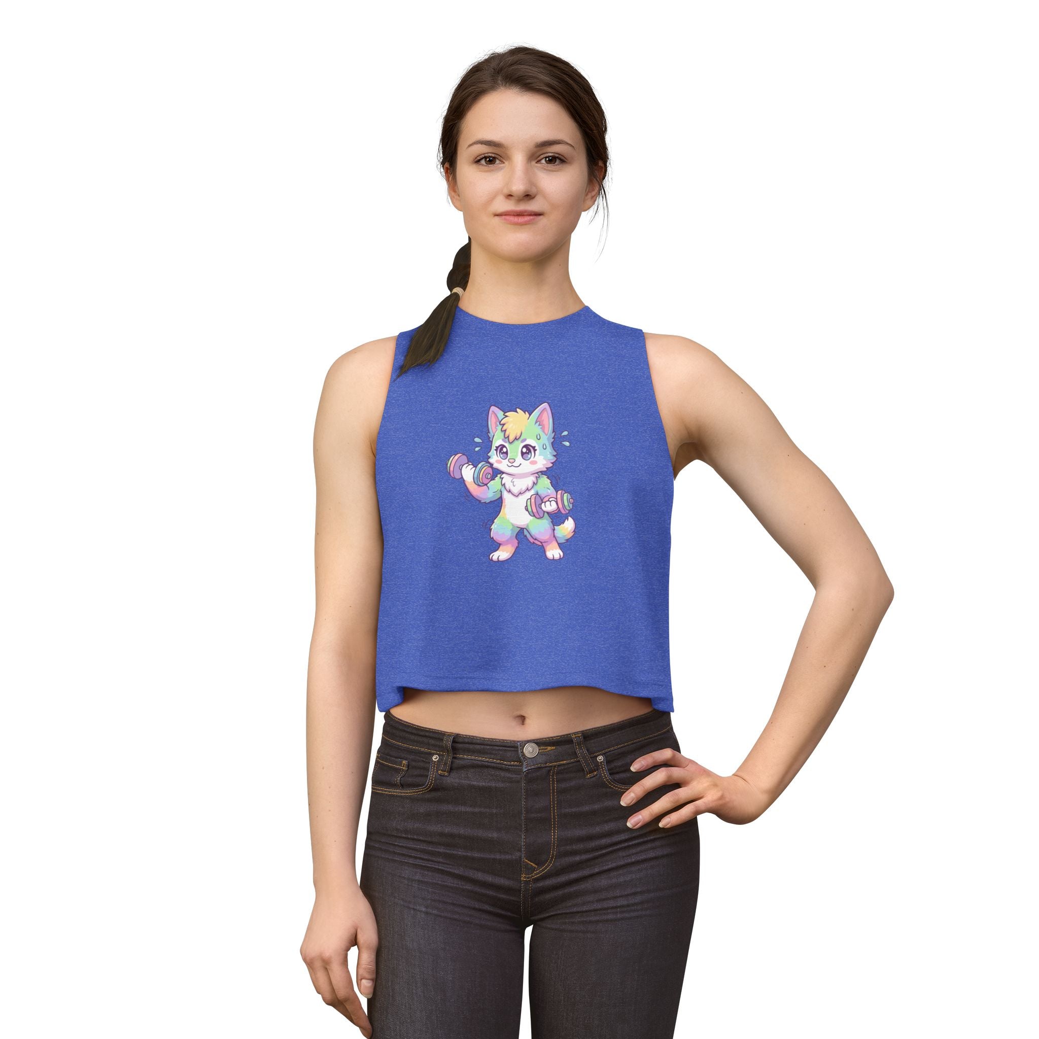 Lift Cute Pastel Fitness Cat Crop Top — Rainbow Kitty with Dumbbells