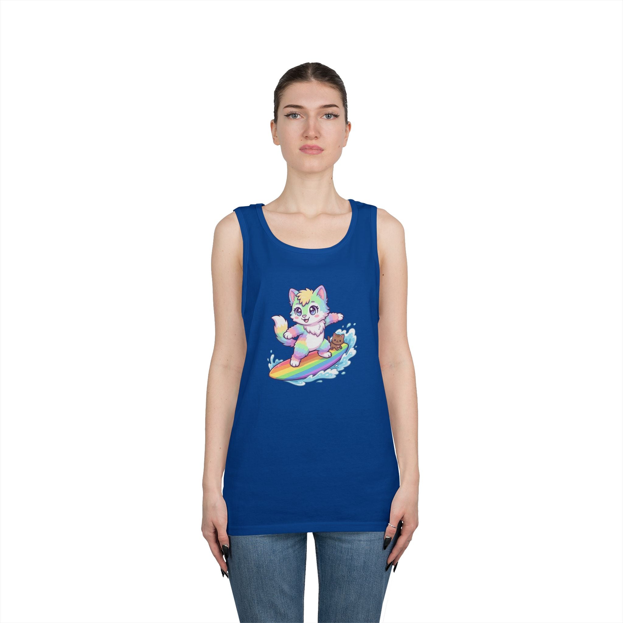Kawaii Cat Surfing Rainbow Tank