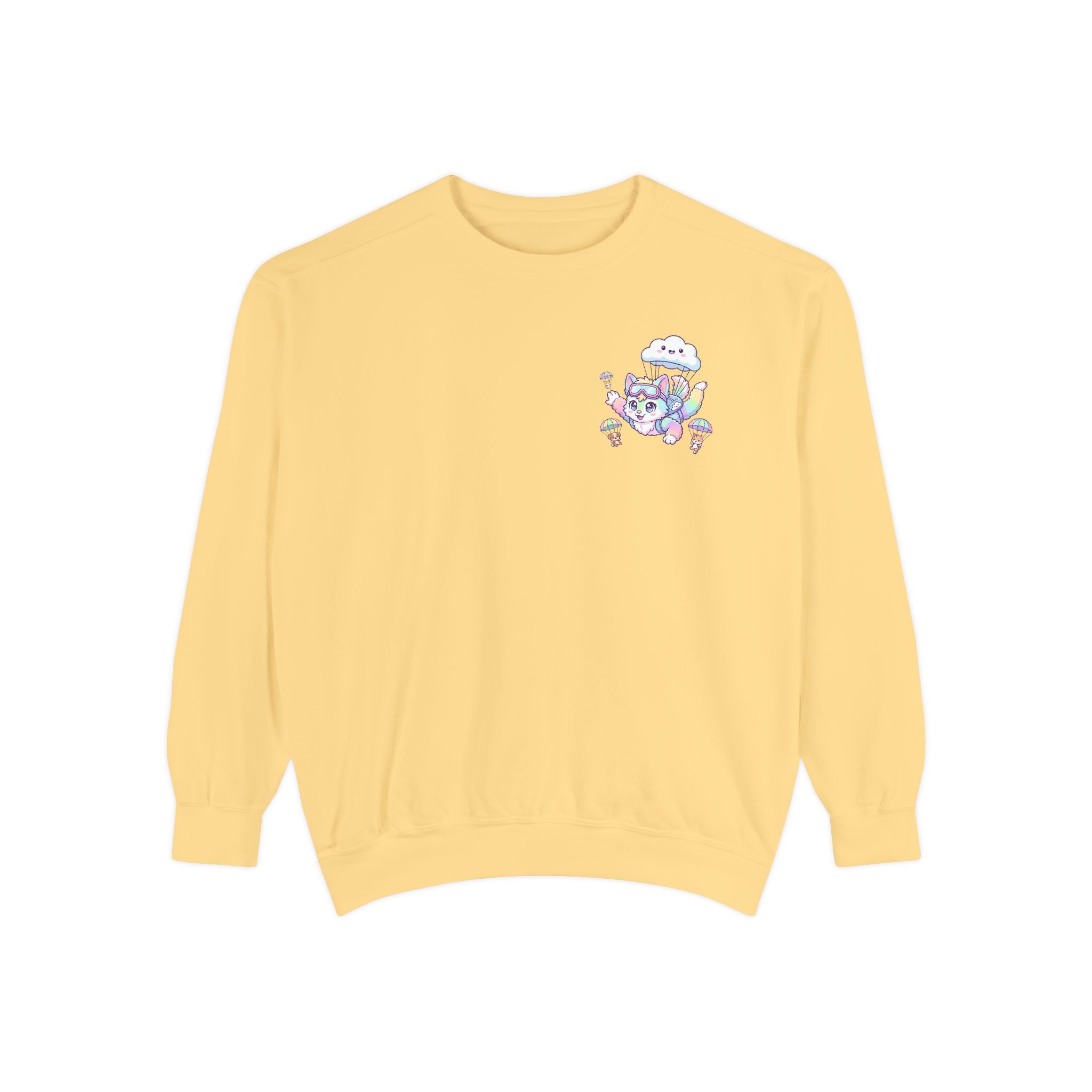 Cute Retro Rainbow Skydiving Furry Sweatshirt | Pocket Graphic T-Shirt