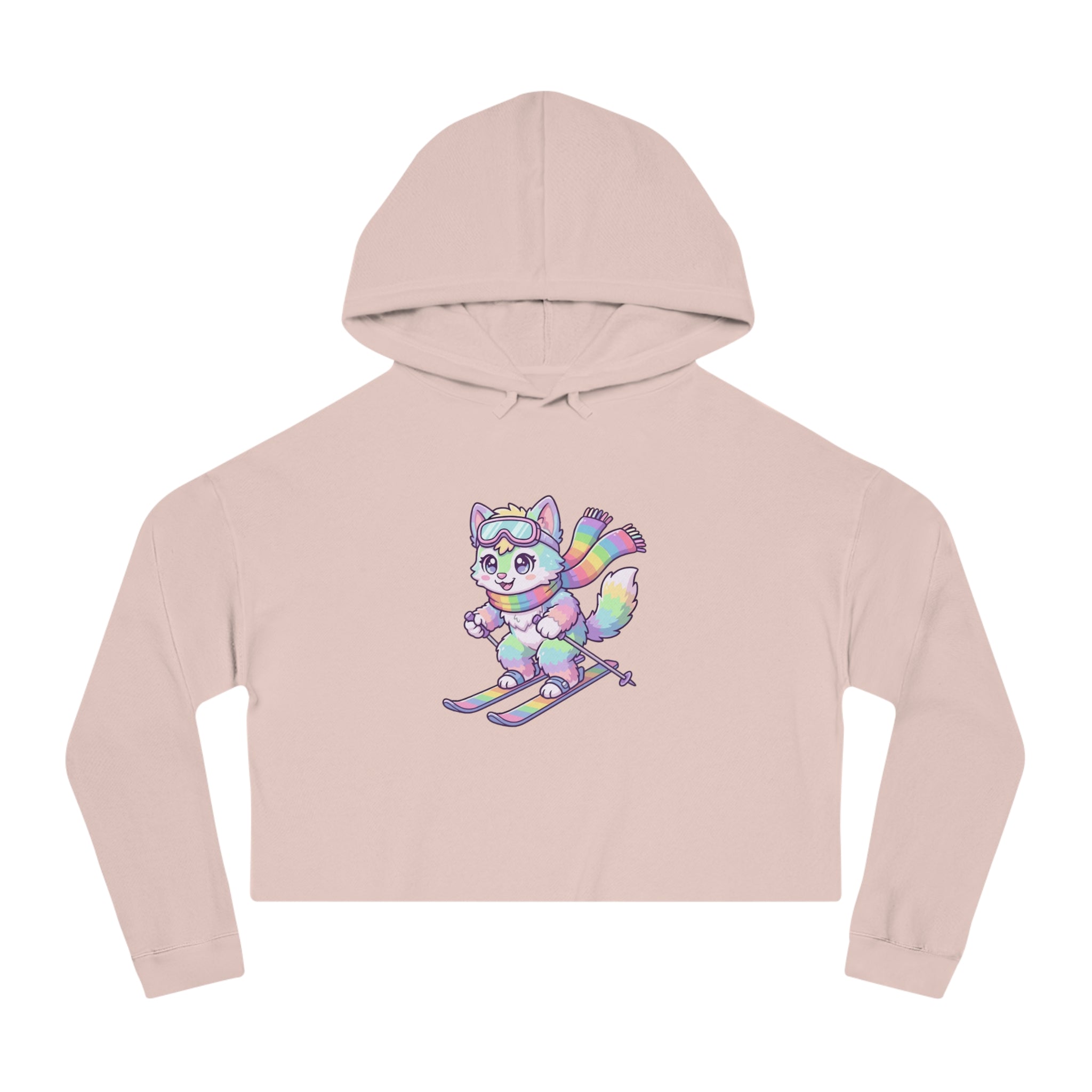 Rainbow Ski Cat Cropped Hoodie — Cute Pastel Cat Skiing Graphic Sweatshirt