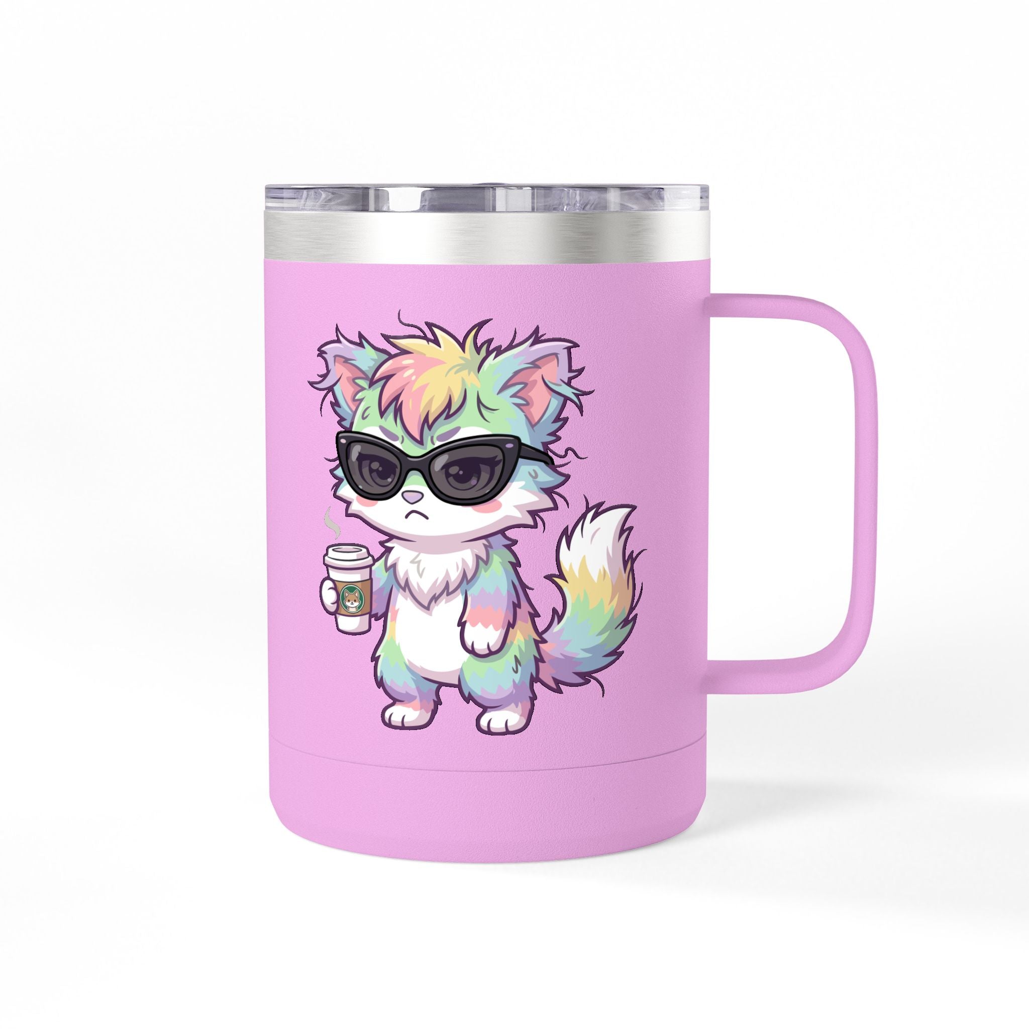 15oz Travel Mug – Cute Grumpy Rainbow Furry with Coffee