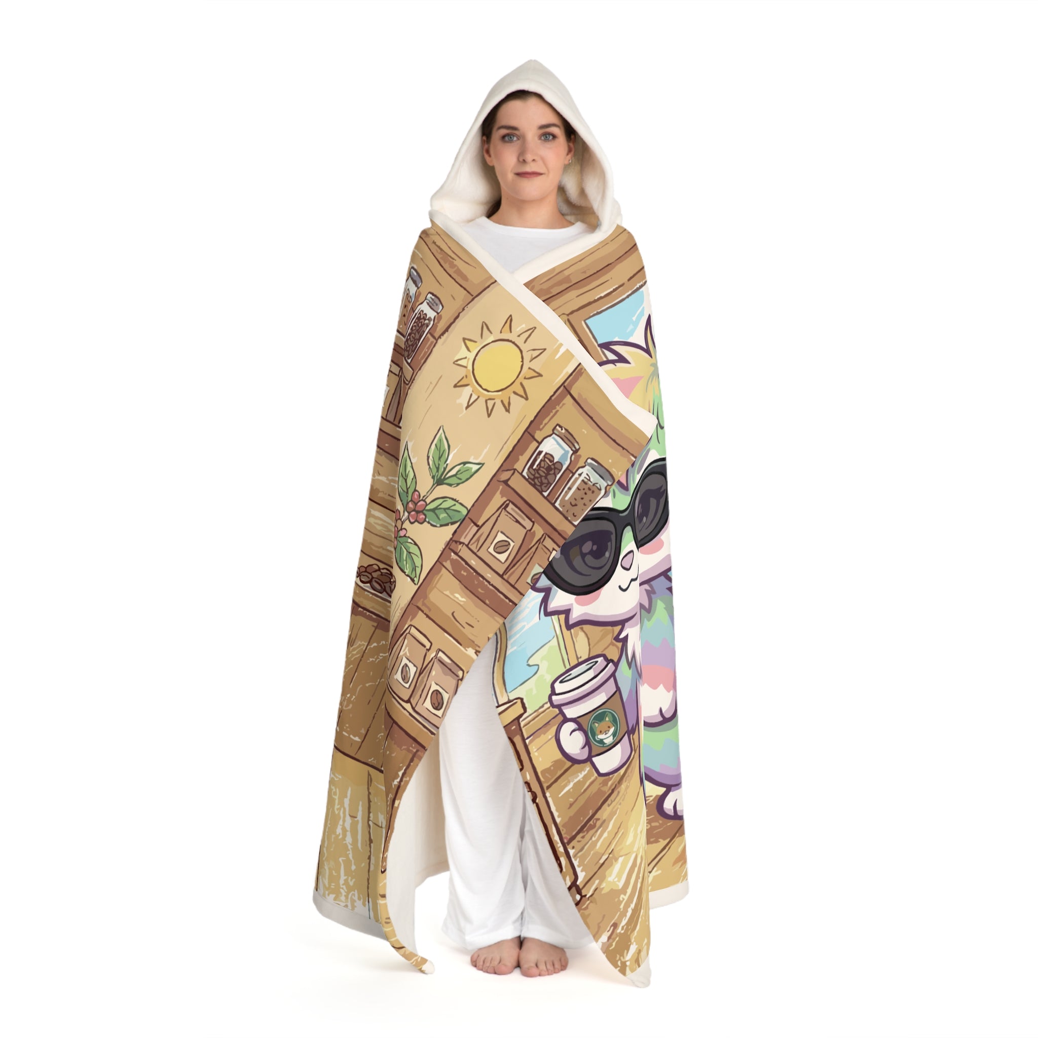 Hooded Blanket — Cozy Sherpa Hoodie Blanket with Cute Coffee Cat Design