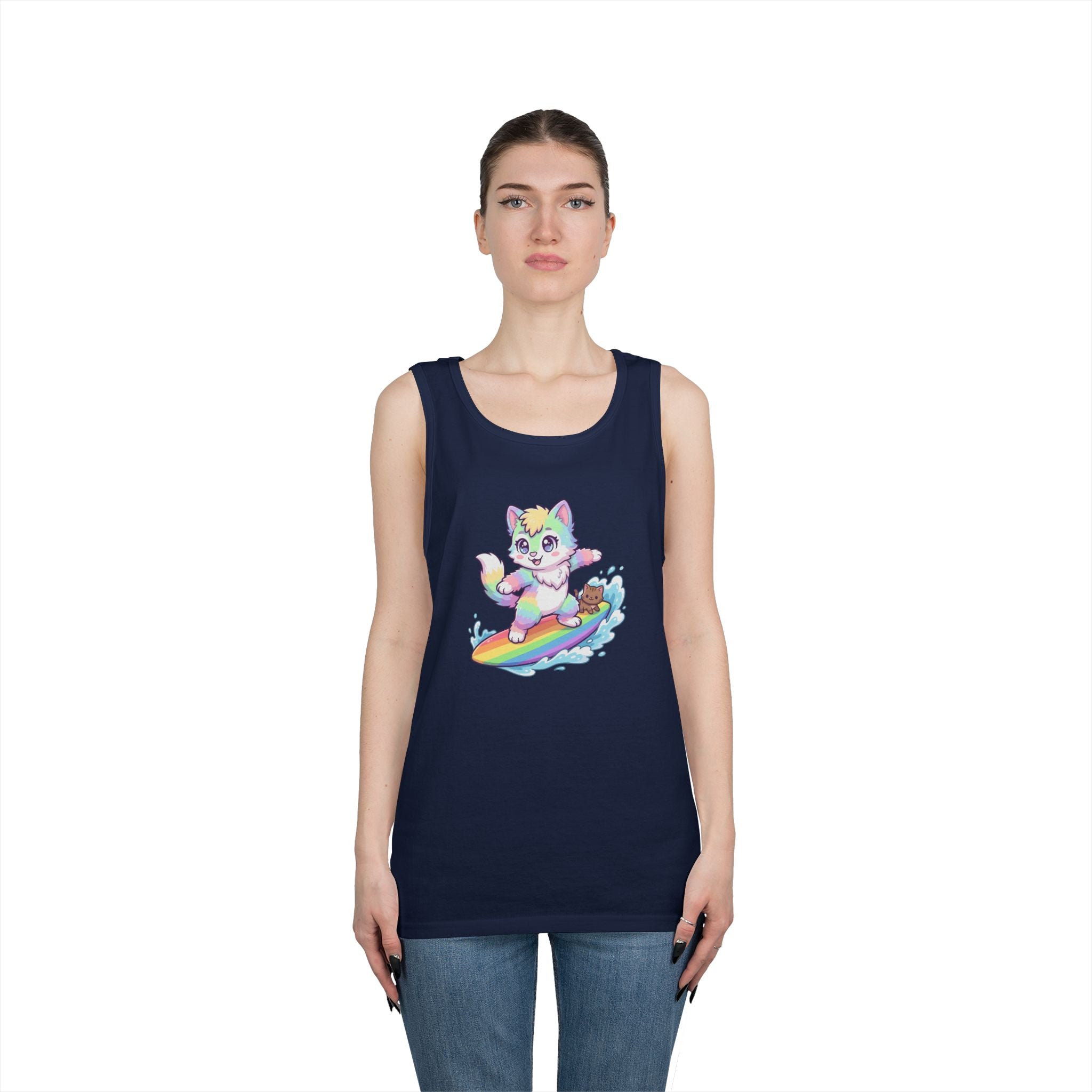 Kawaii Cat Surfing Rainbow Tank