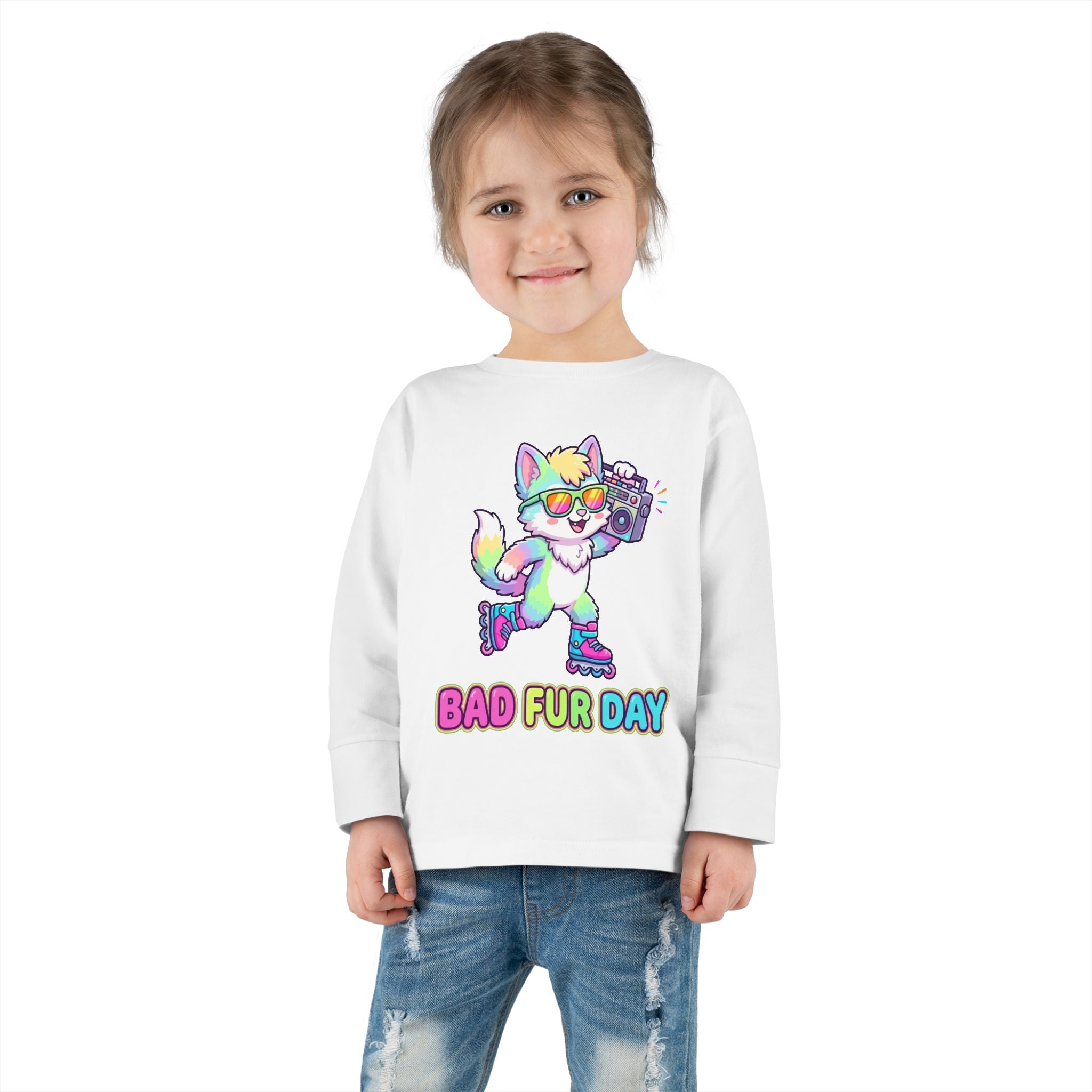 Toddler Long Sleeve Tee — "Bad Fur Day" Rainbow Roller Fox Kids Shirt