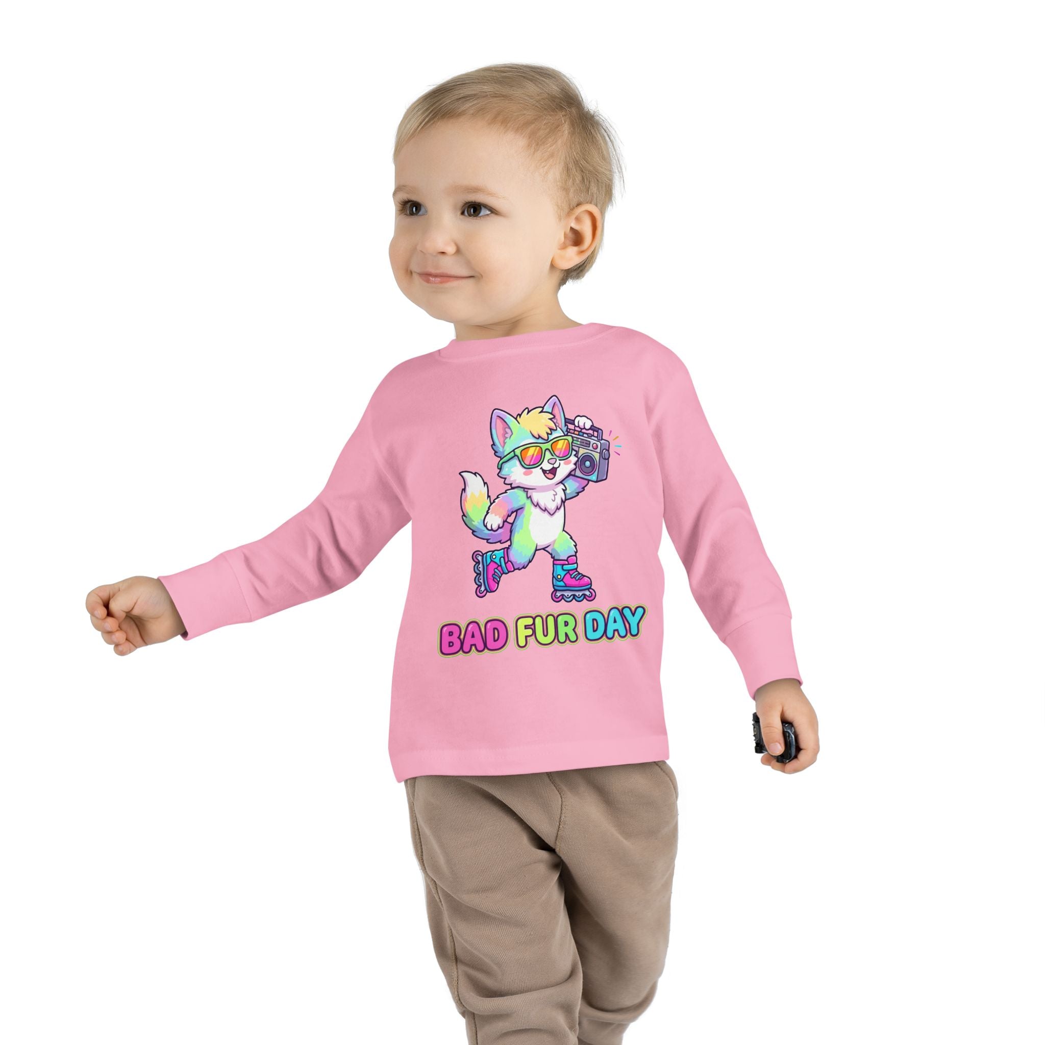 Toddler Long Sleeve Tee — "Bad Fur Day" Rainbow Roller Fox Kids Shirt