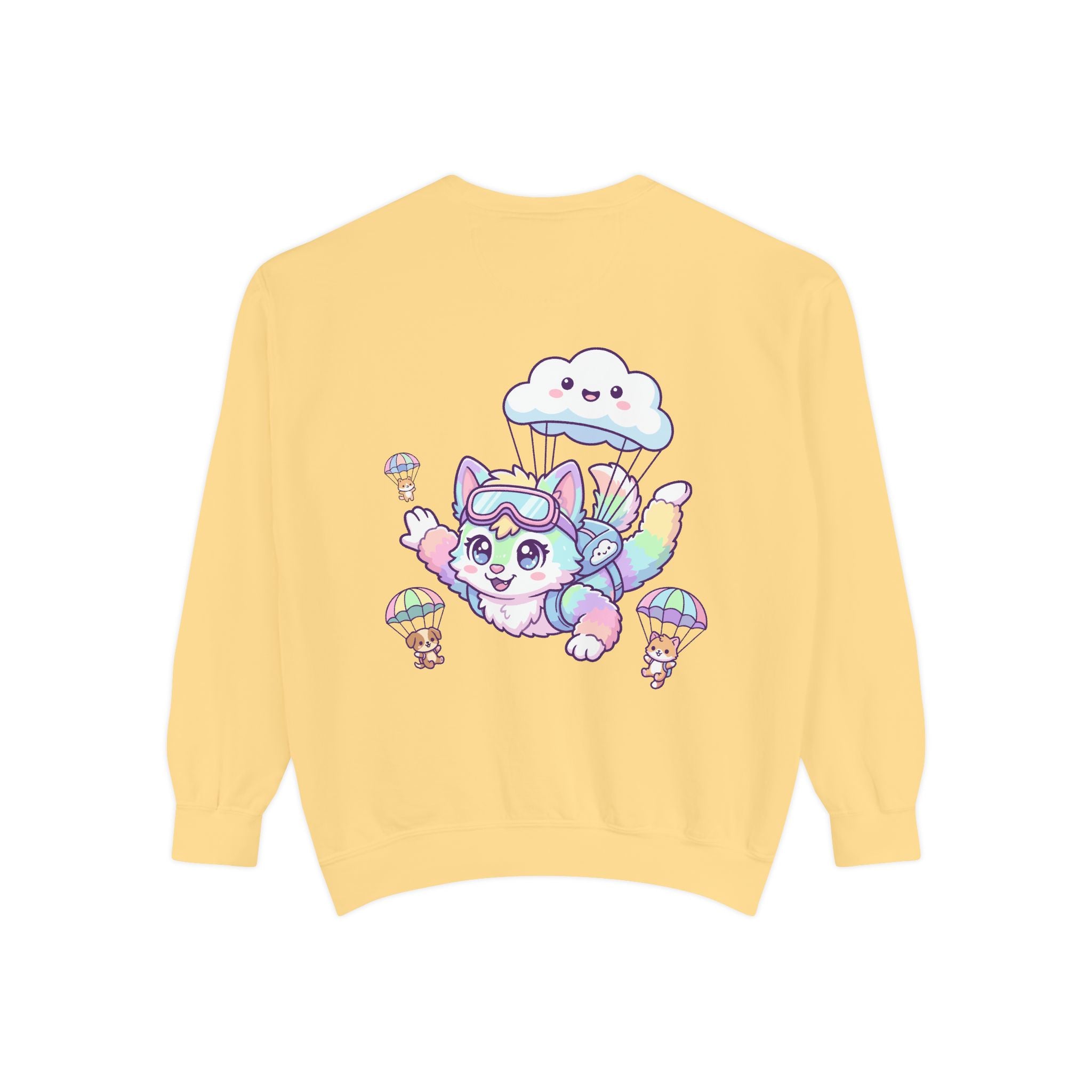 Cute Retro Rainbow Skydiving Furry Sweatshirt | Pocket Graphic T-Shirt
