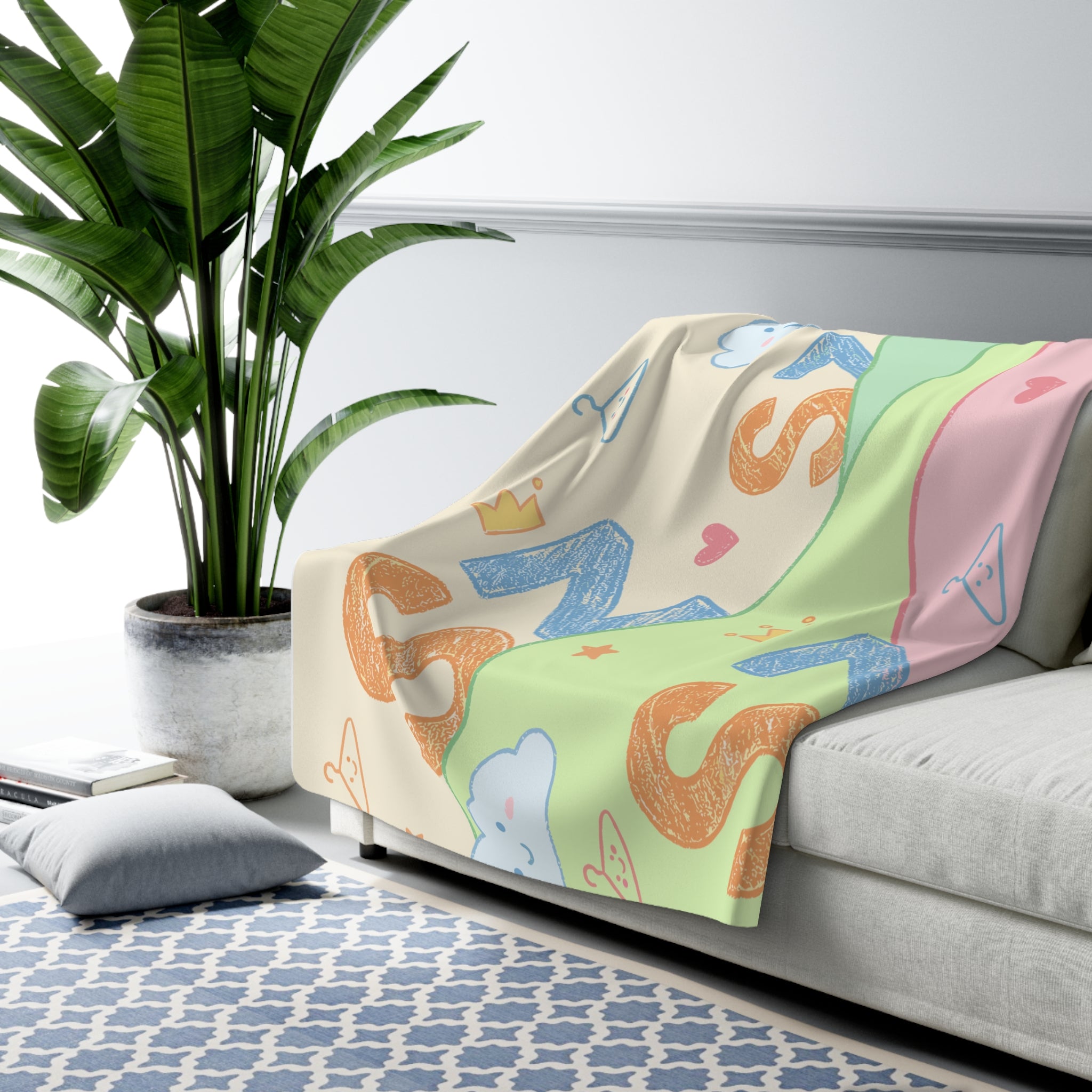 Cute Pastel Cloud Sherpa Blanket — Cozy Nursery Throw with 'Zzz' Sleep Design